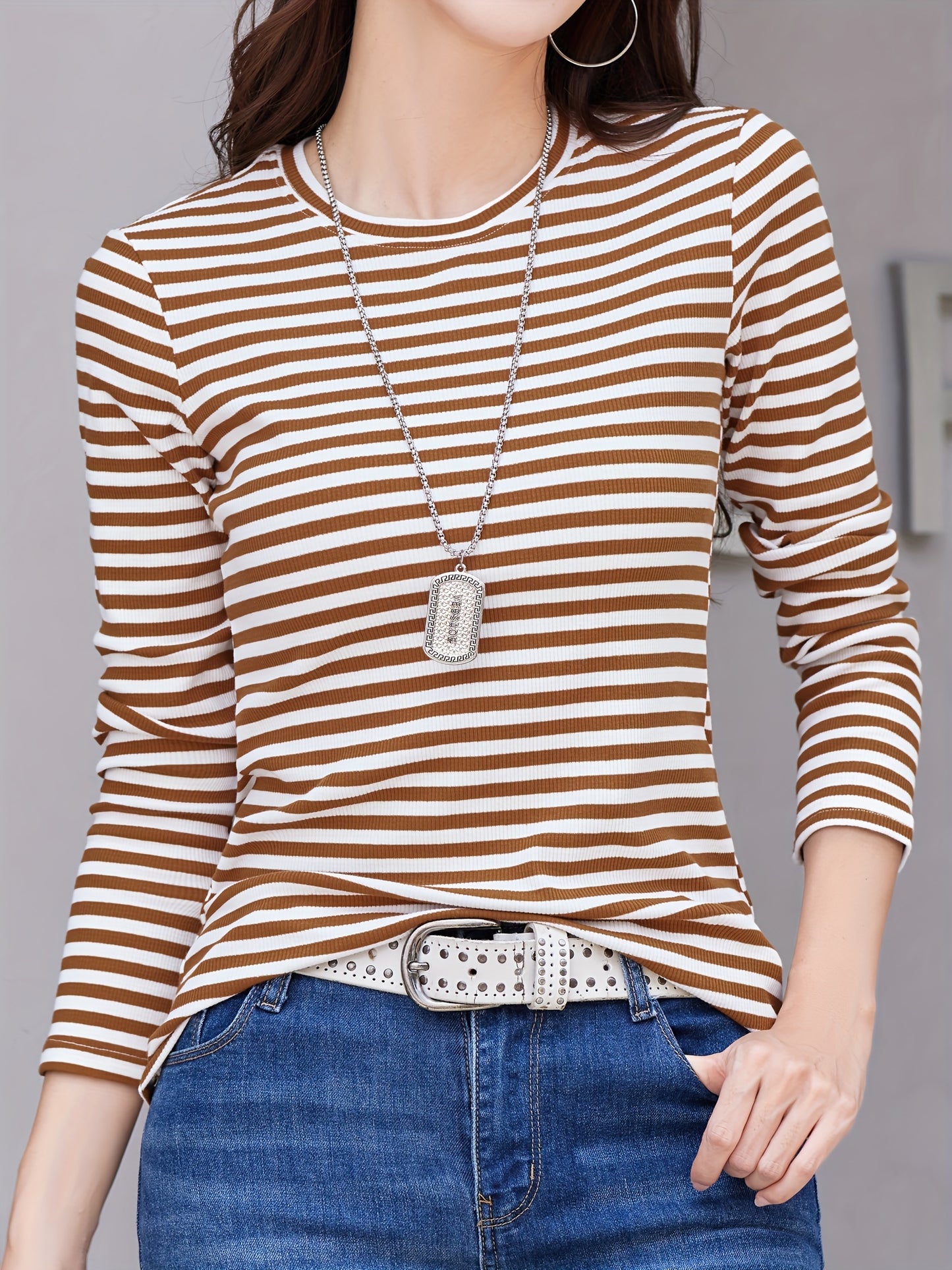 gbolsos Striped Print Crew Neck T-Shirt, Casual Long Sleeve T-Shirt For Spring & Fall, Women's Clothing