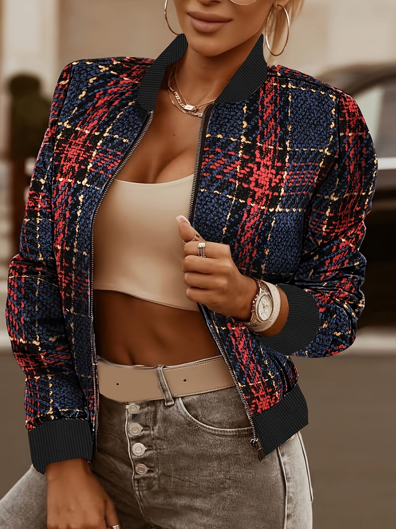 gbolsos Plaid Pattern Bomber Jacket, Casual Zip Up Long Sleeve Outerwear, Women's Clothing