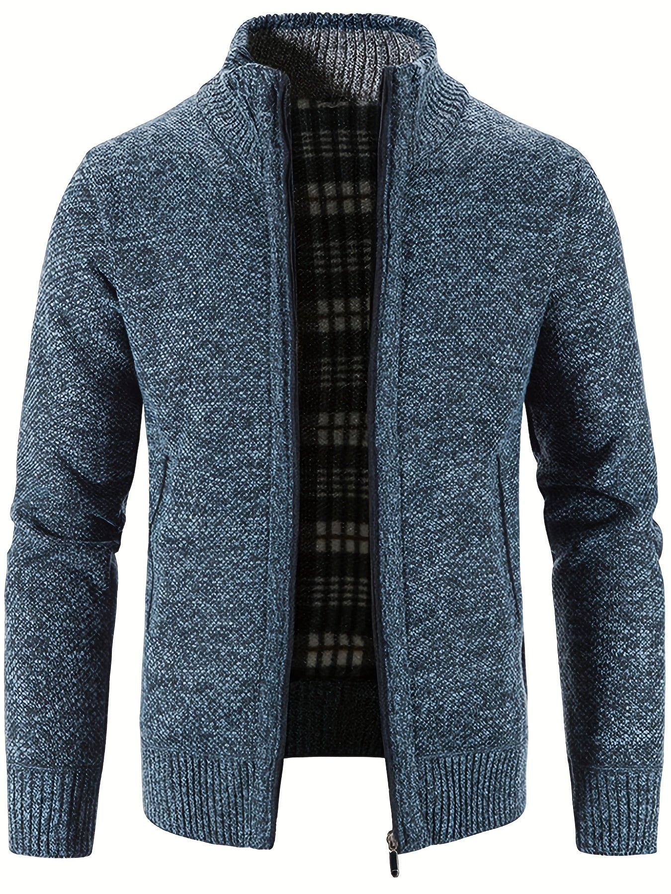gbolsos Warm Stand Collar Fleece Jacket, Men's Semi-formal Comfortable Solid Color Zip Up Knitted Cardigan For Spring Fall