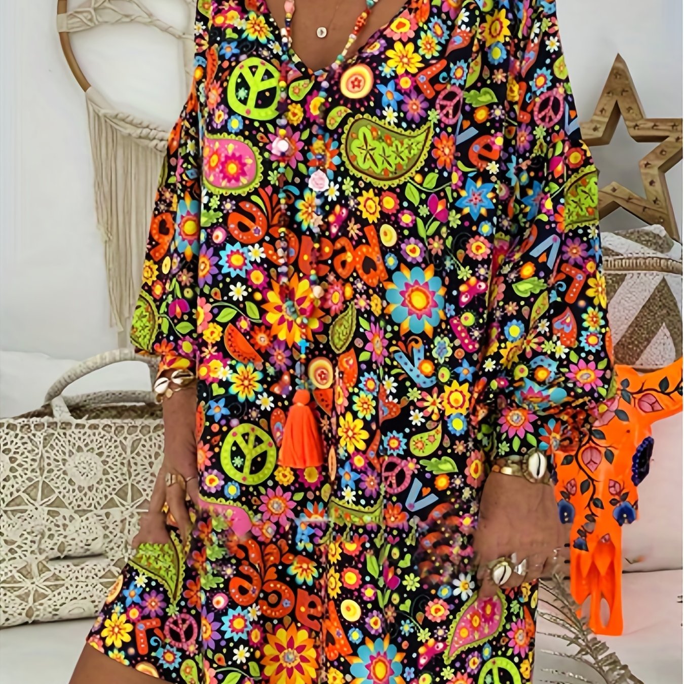Floral Print V Neck Dress, Casual Long Sleeve Dress For Spring & Fall, Women's Clothing