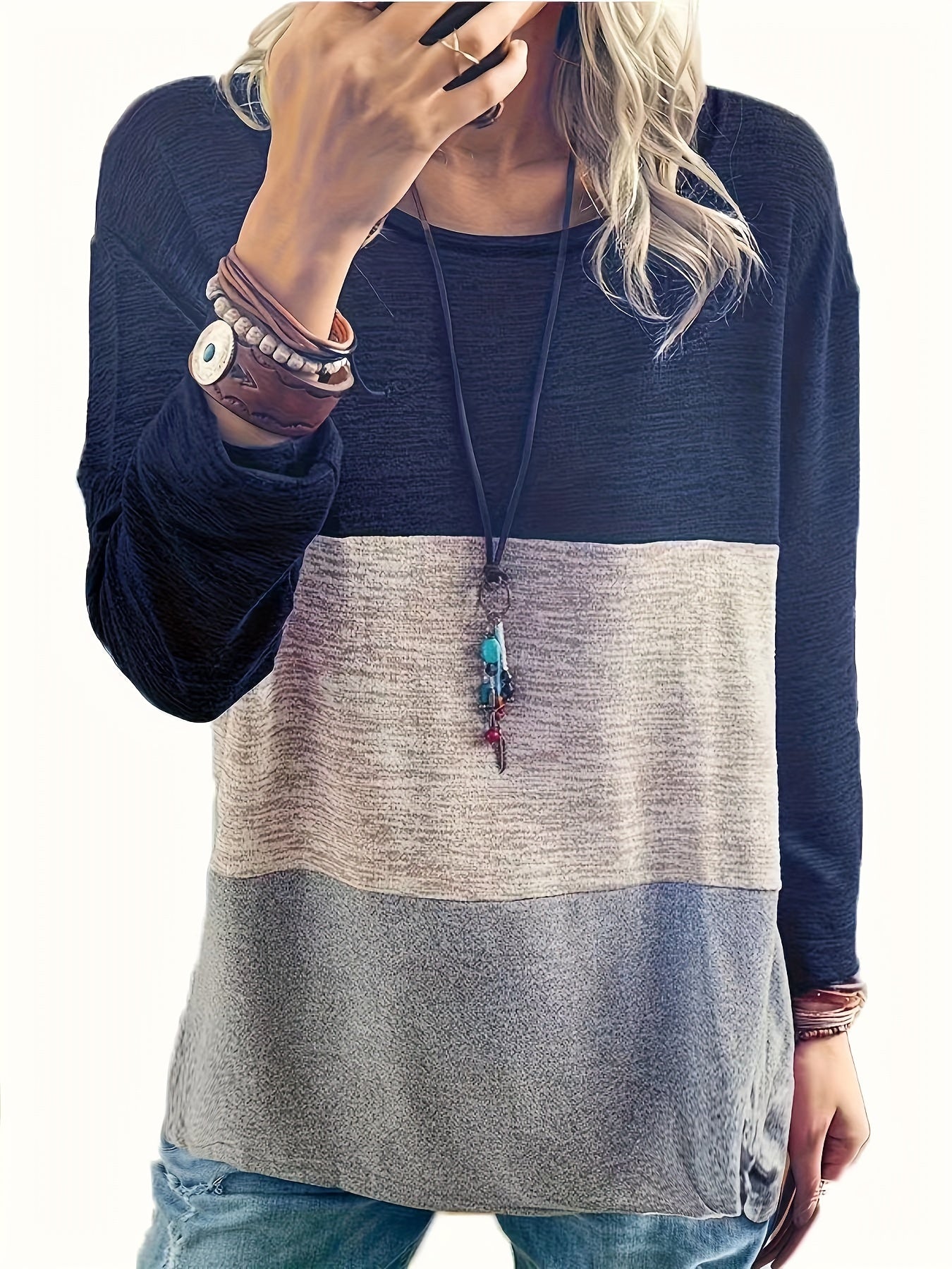 Plus Size Casual Top, Women's Plus Colorblock Long Sleeve Round Neck Medium Stretch Top