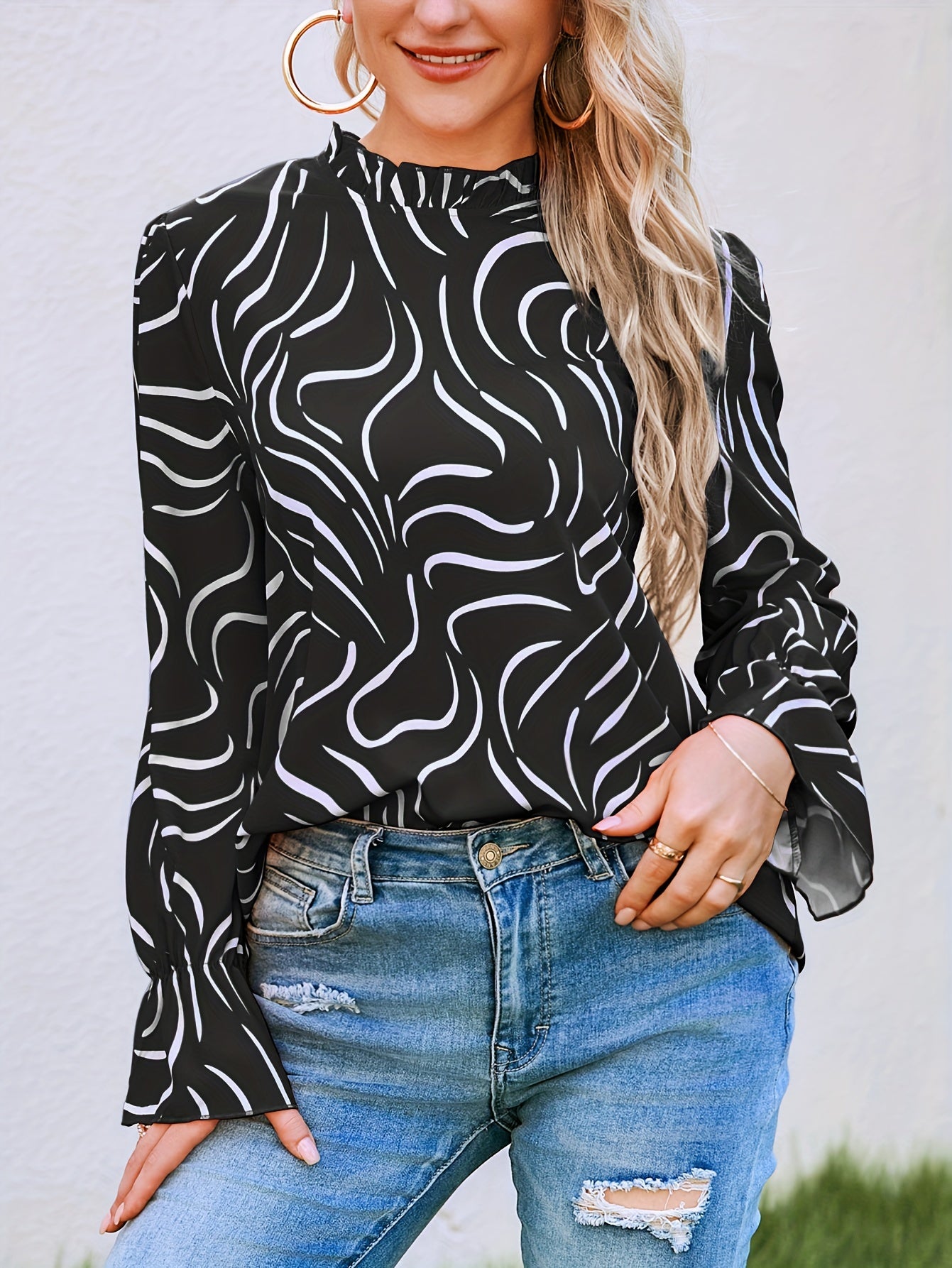 gbolsos Abstract Ripple Print Stand Collar Blouse, Casual Long Sleeve Blouse, Women's Clothing