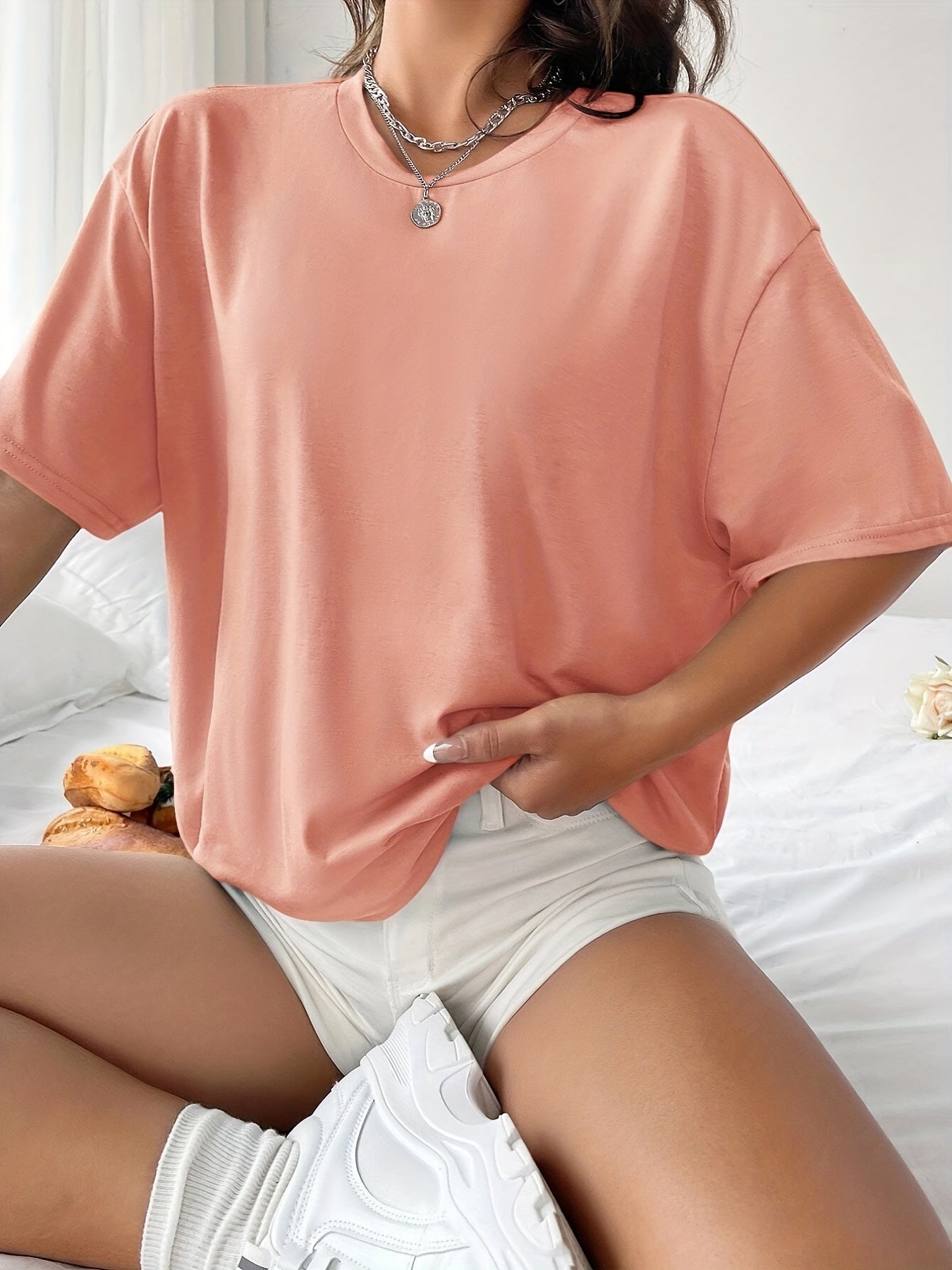 gbolsos Drop Shoulder Solid T-Shirt, Casual Crew Neck Short Sleeve T-Shirt For Spring & Summer, Women's Clothing