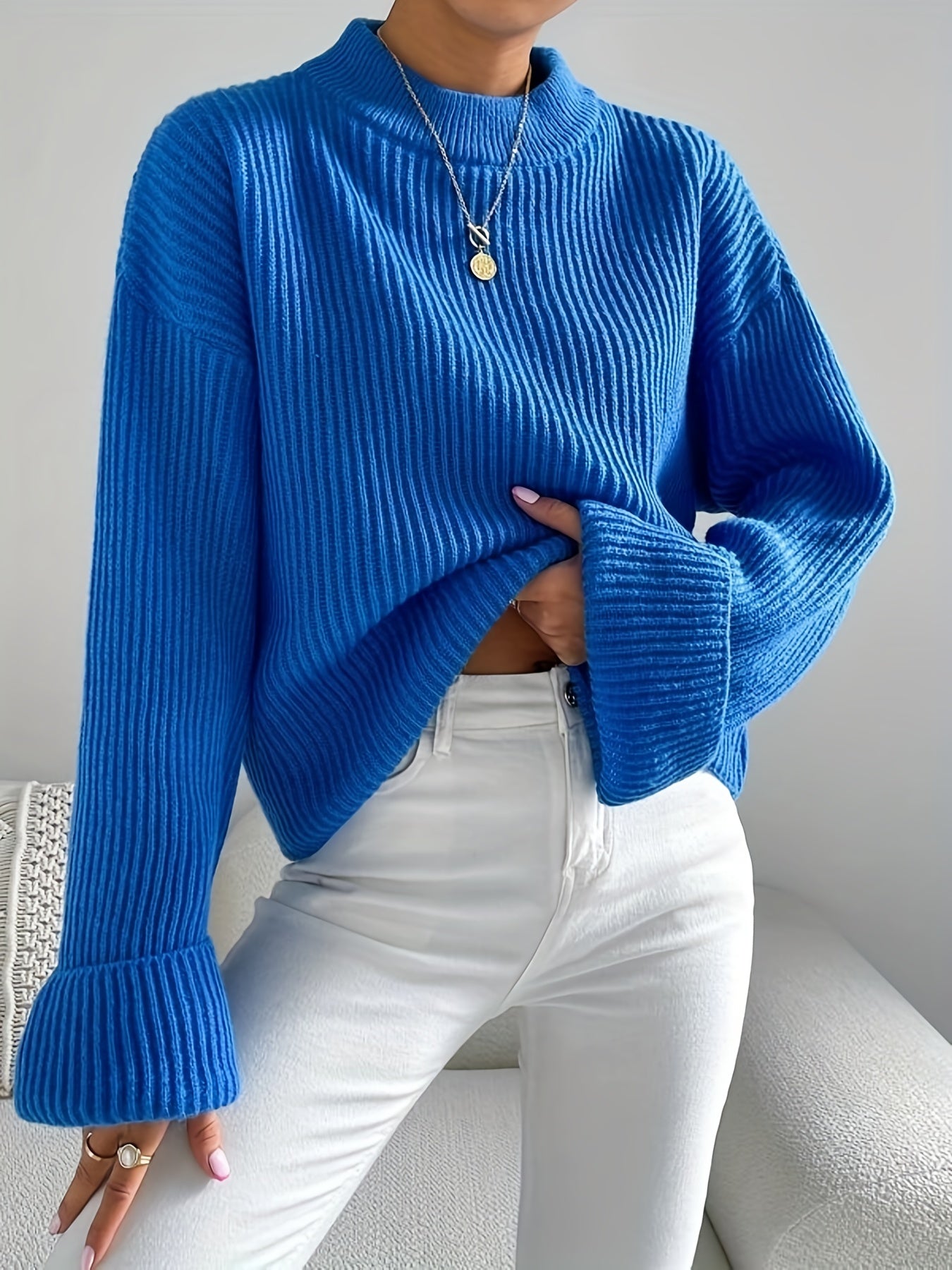 gbolsos Solid Mock Neck Pullover Sweater, Casual Long Sleeve Drop Shoulder Sweater For Fall & Winter, Women's Clothing