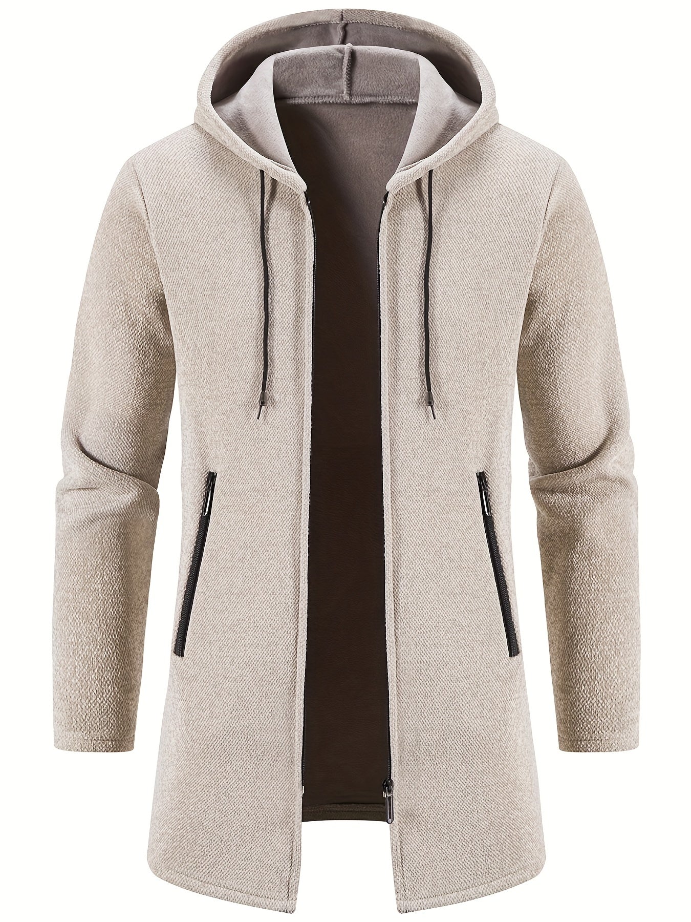 gbolsos Warm Mid-length Hooded Fleece Coat, Men's Comfortable Solid Color Zip Up Knitted Cardigan For Spring Fall