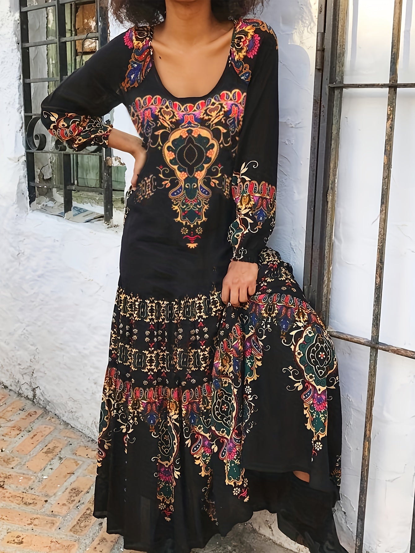 gbolsos Ethnic Print Lantern Sleeve Dress, Casual Crew Neck Dress For Spring & Fall, Women's Clothing