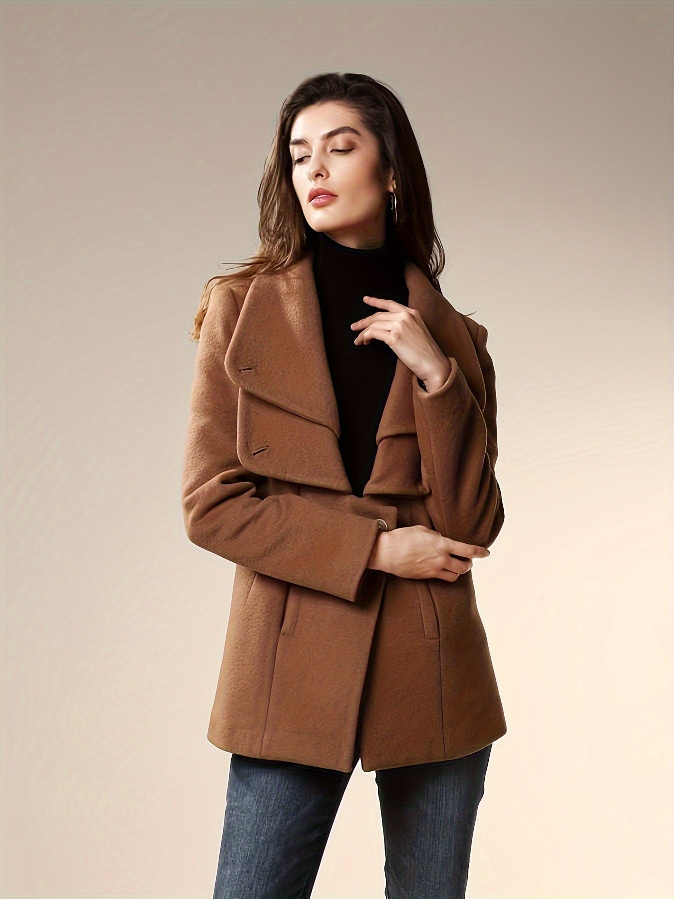 gbolsos Button Front Wrap Coat, Elegant Long Sleeve Lapel Coat For Fall & Winter, Women's Clothing