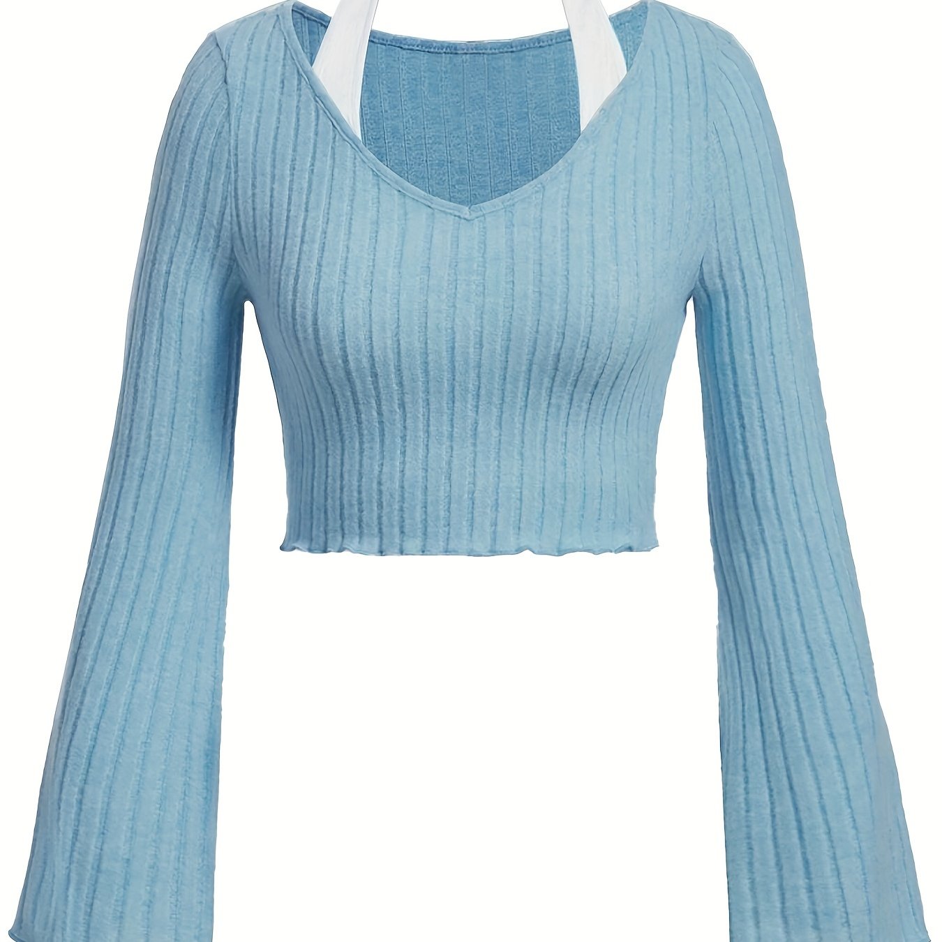 gbolsos Solid Rib Knit Sweater , Casual V Neck Flared Sleeve Sweater, Women's Clothing