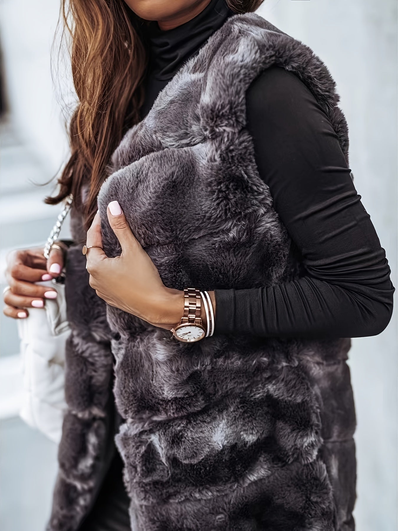Fuzzy Long Length Warm Vest, Casual Open Front Sleeveless Winter Vest, Women's Clothing