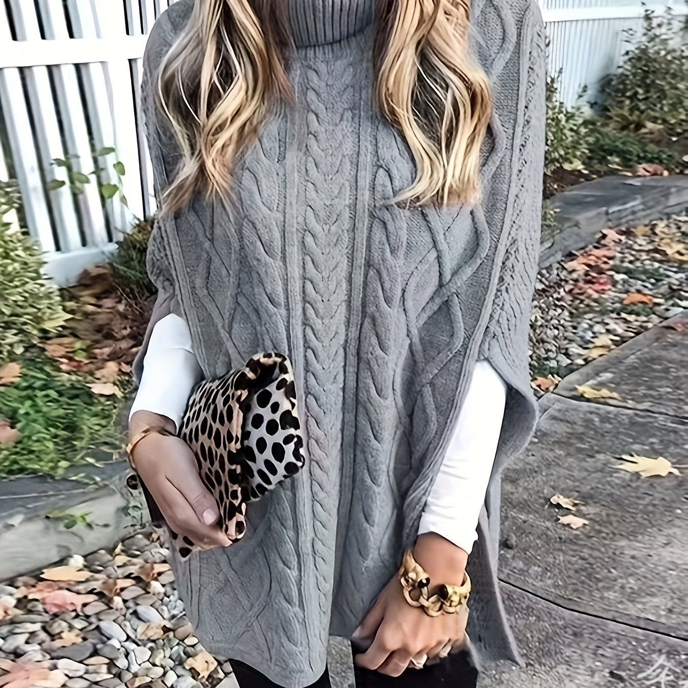 Solid Turtle Neck Cable Knit Sweater, Casual Split Side Sweater, Women's Clothing