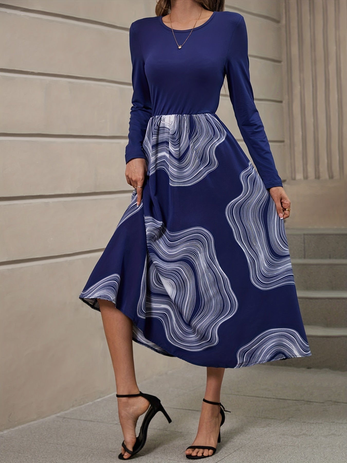 gbolsos Abstract Print Splicing Dress, Elegant Crew Neck Long Sleeve Dress, Women's Clothing