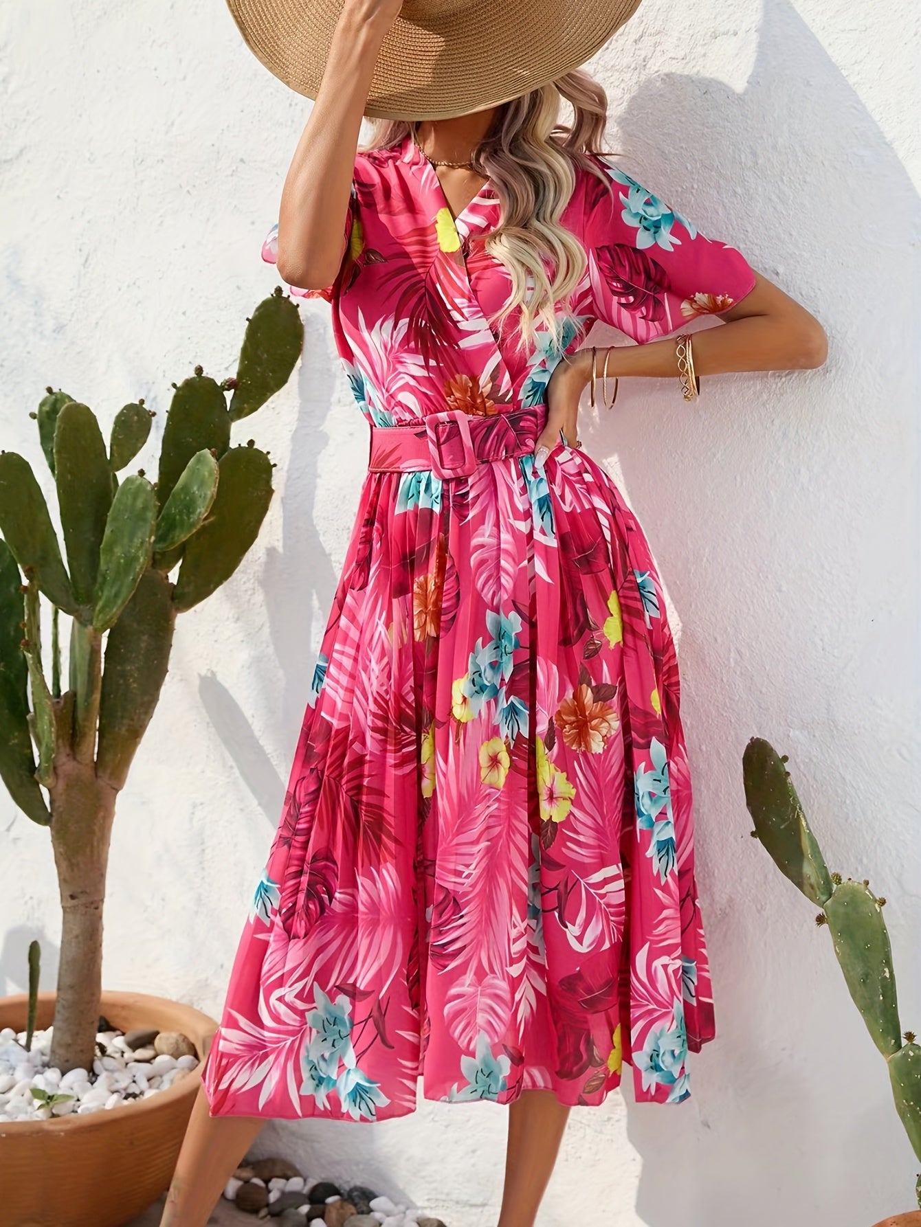 gbolsos Floral Print Pleat Dress With Belt, Boho Surplice Neck Short Sleeve Dress For Spring & Summer, Women's Clothing