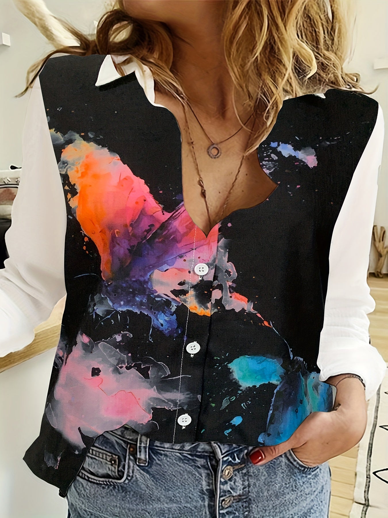 gbolsos Butterfly Print Button Front Shirt, Casual Long Sleeve Shirt For Spring & Fall, Women's Clothing