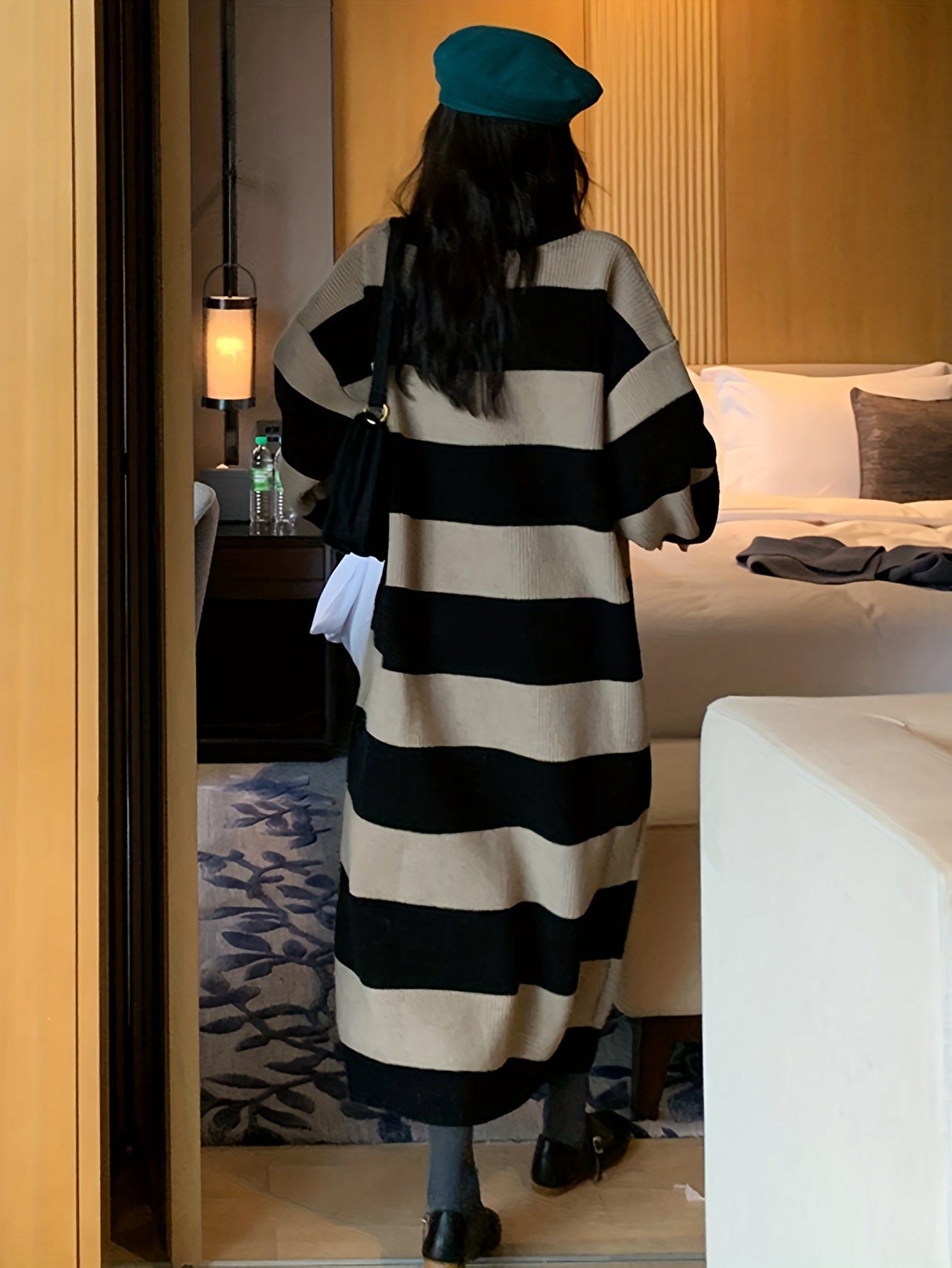 gbolsos Striped Drop Shoulder Sweater Dress, Casual V Neck Long Sleeve Maxi Dress, Women's Clothing