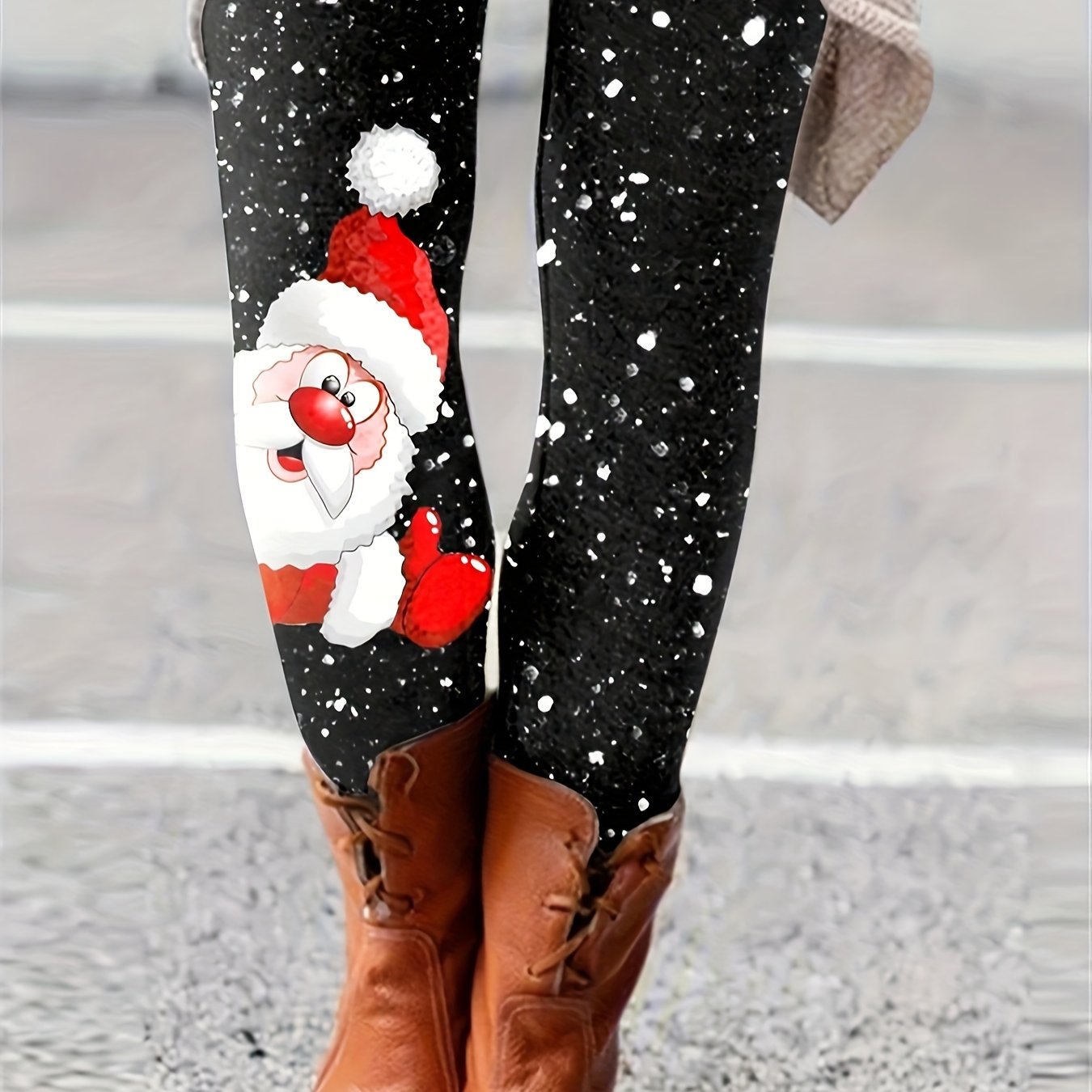 gbolsos Christmas Santa Claus Print Skinny Leggings, Casual Elastic Waist Stretchy Leggings, Women's Clothing