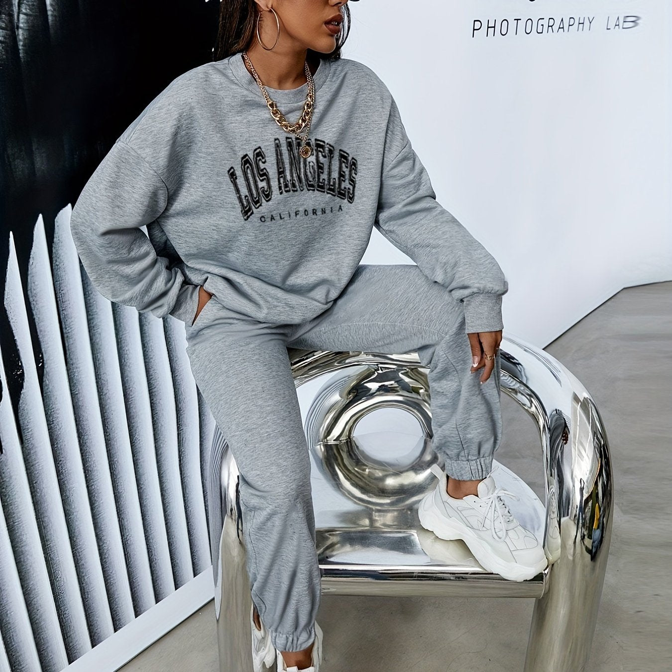 gbolsos Casual Workout Two-piece Set, Letter Print Long Sleeve Tops & Long Length Solid Jogger Pants Outfits, Women's Clothing