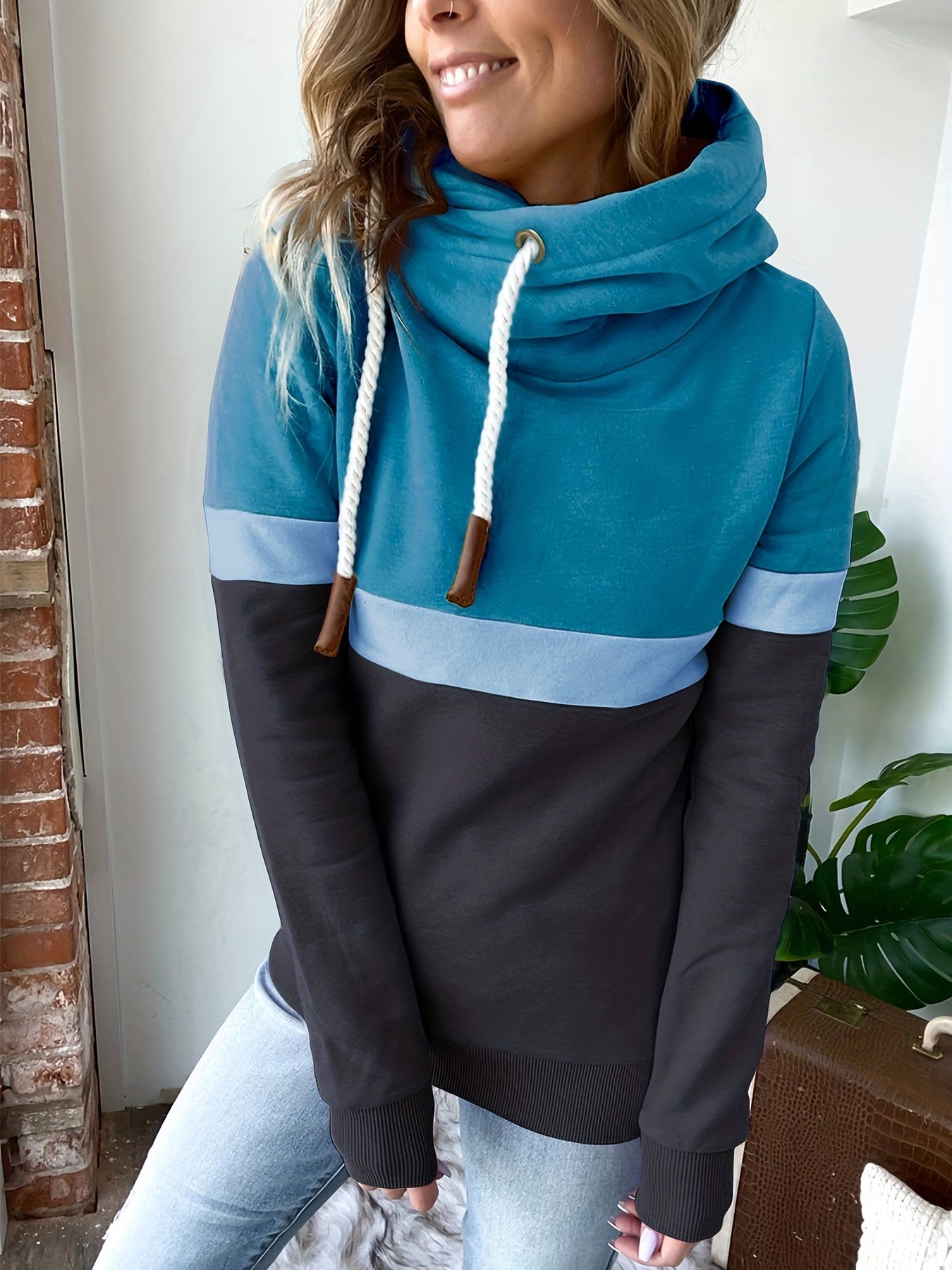 gbolsos Color Block Turtle Neck Hoodie, Casual Long Sleeve Drawstring Hoodies Sweatshirt, Women's Clothing