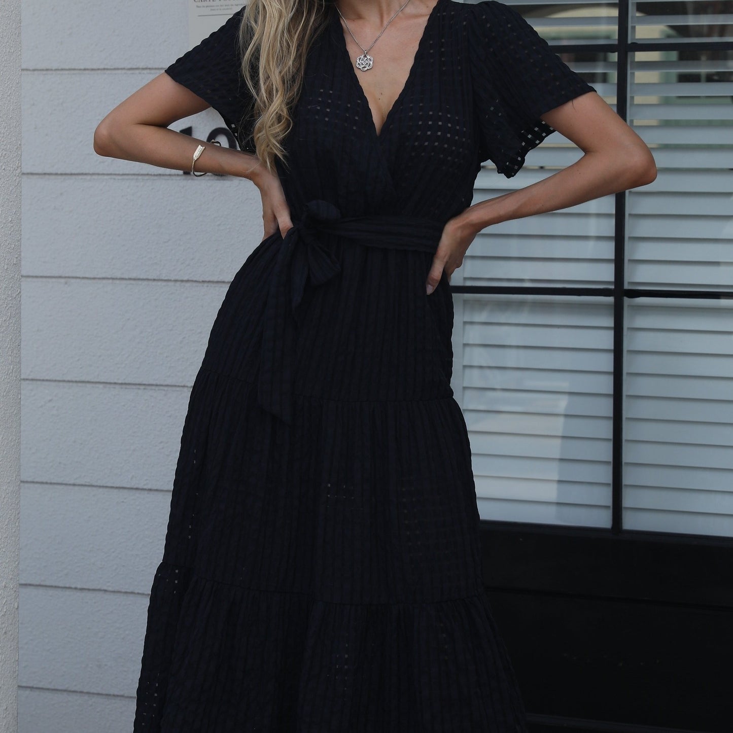 gbolsos Solid High Waist Dress, Casual Surplice Neck Short Sleeve Maxi Dress, Women's Clothing
