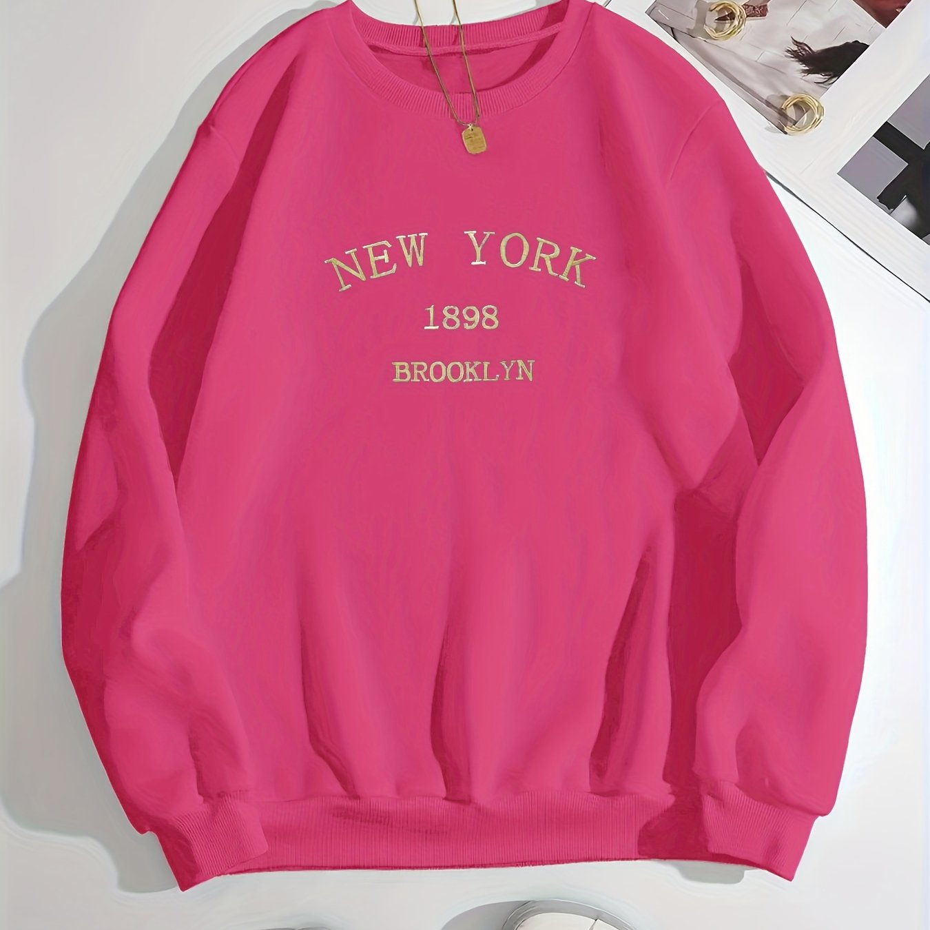 New York Brooklyn Print Loose Sweatshirt, Casual Long Sleeve Crew Neck Sweatshirt, Women's Clothing
