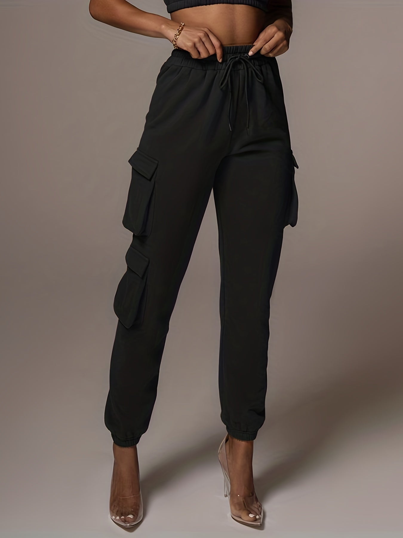 gbolsos Drawstring Baggy Cargo Pants, Casual High Waist Flap Pockets Pants, Women's Clothing