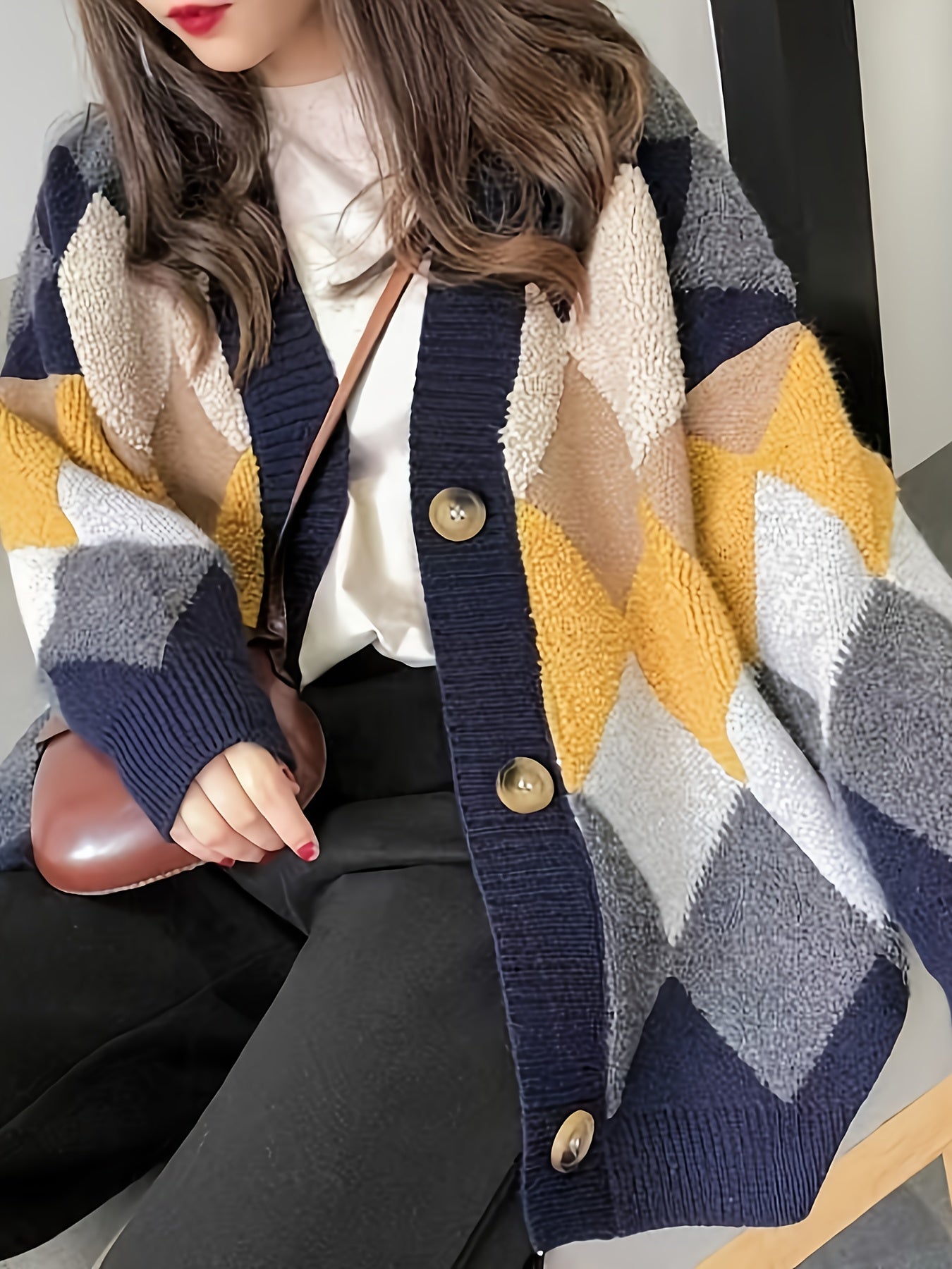 gbolsos Letter Pattern Button Down Knit Cardigan, Casual Long Sleeve Loose Thick Sweater Jacket, Women's Clothing