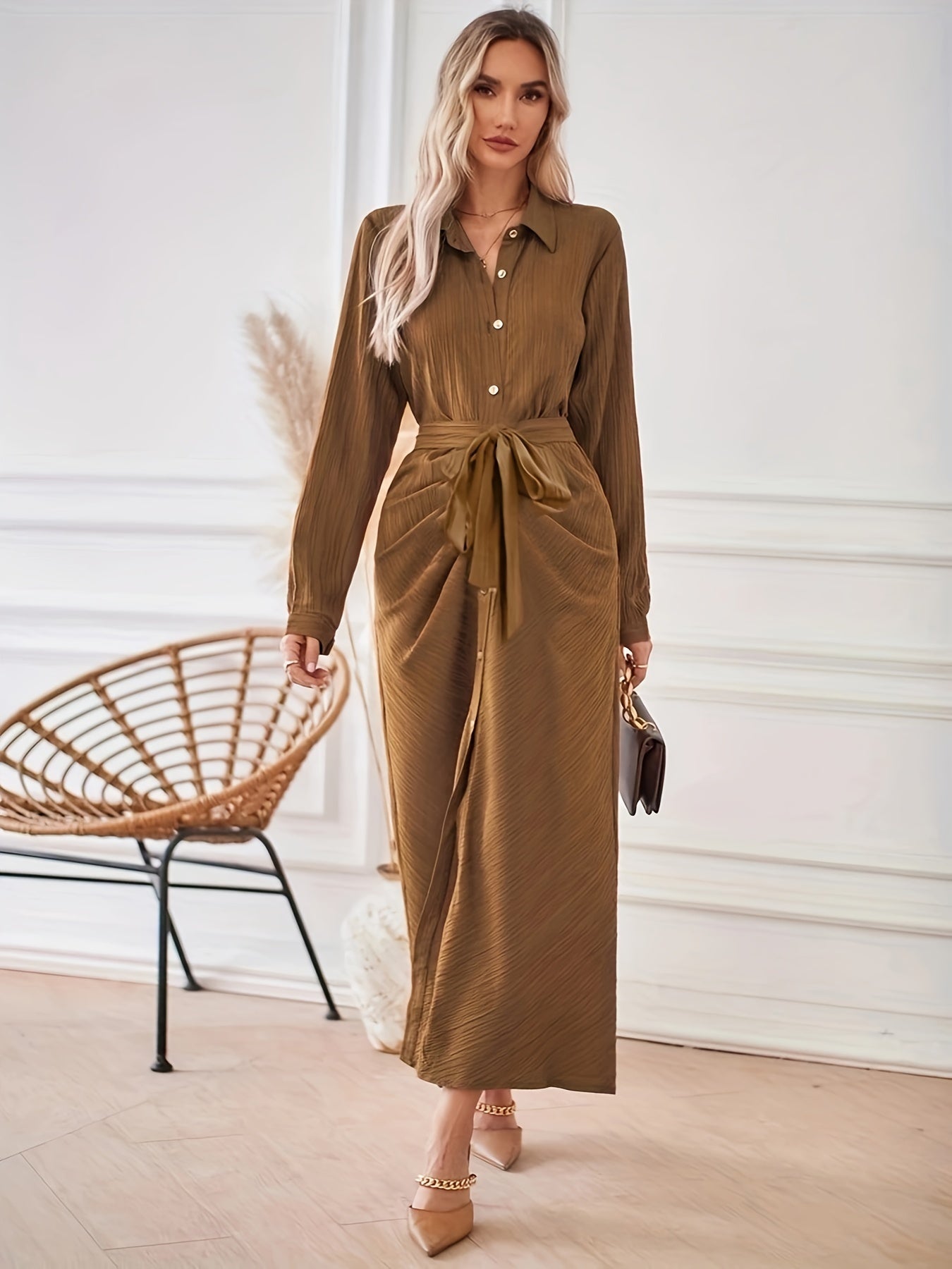 gbolsos Solid Button Front Dress, Elegant Long Sleeve Dress, Women's Clothing