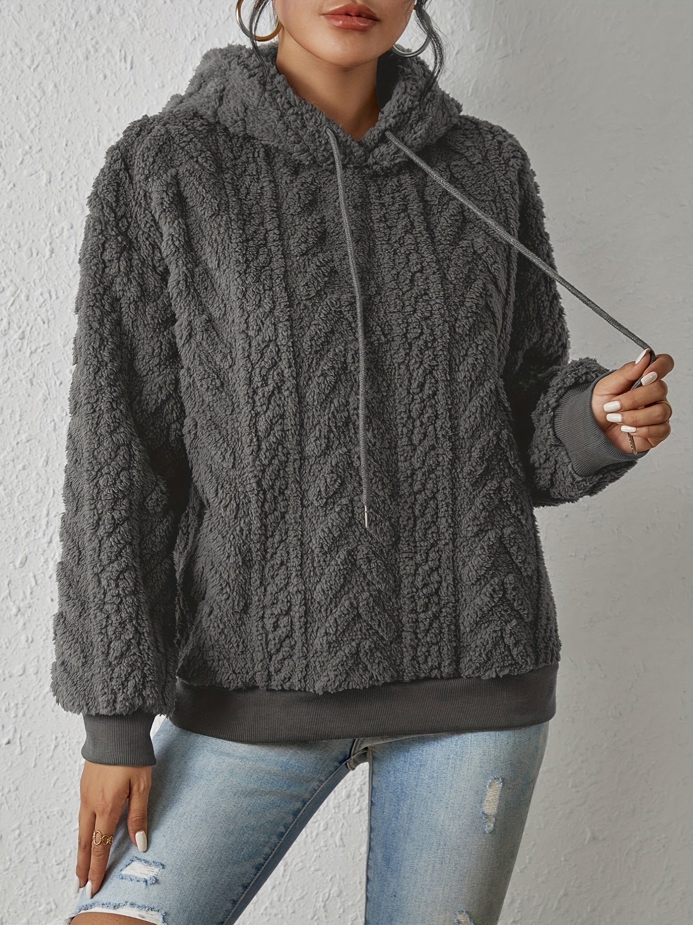 Textured Hoodie Plush Sweatshirt, Casual Long Sleeve Drawstring Hoodies Sweatshirt, Women's Clothing