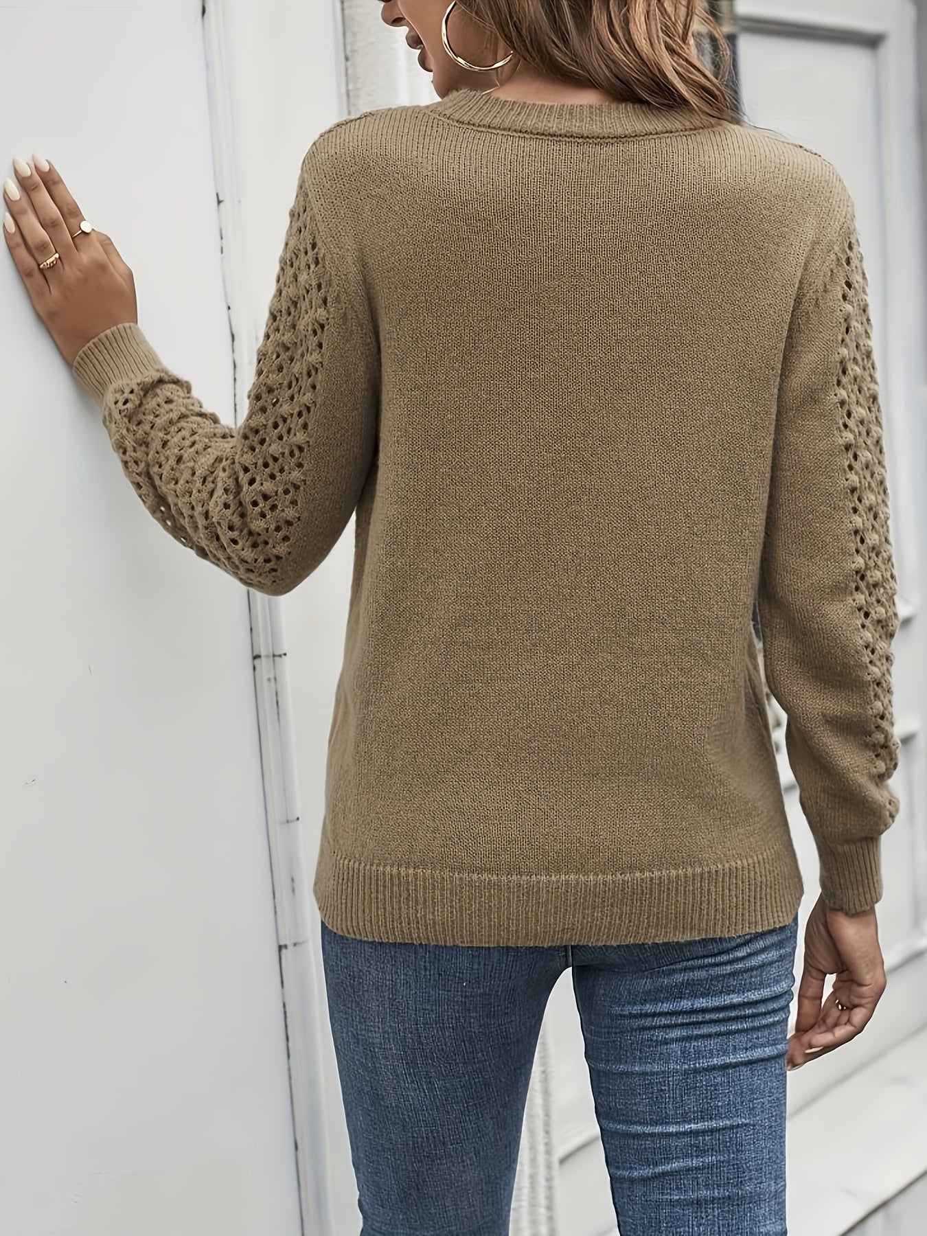 gbolsos Eyelet Solid Knit Sweater, Casual Crew Neck Long Sleeve Sweater, Women's Clothing