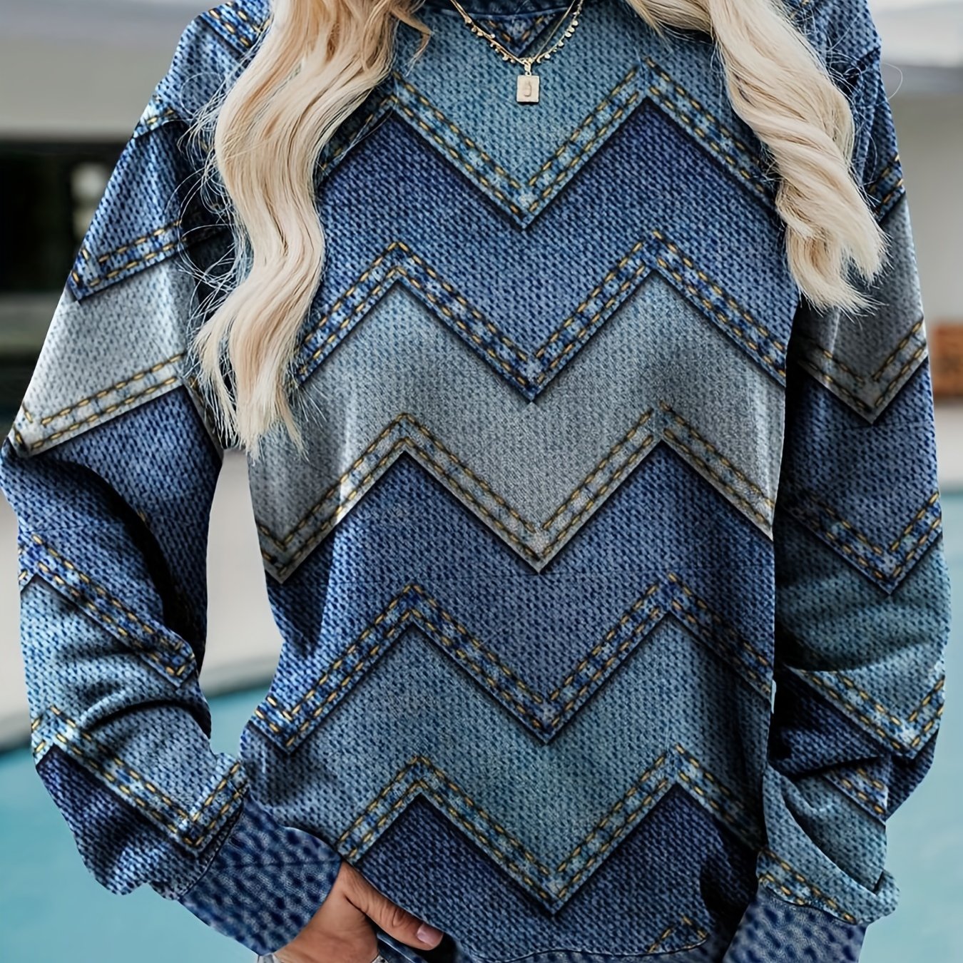 gbolsos Denim Print Pullover Sweatshirt, Casual Long Sleeve Crew Neck Sweatshirt For Fall & Winter, Women's Clothing