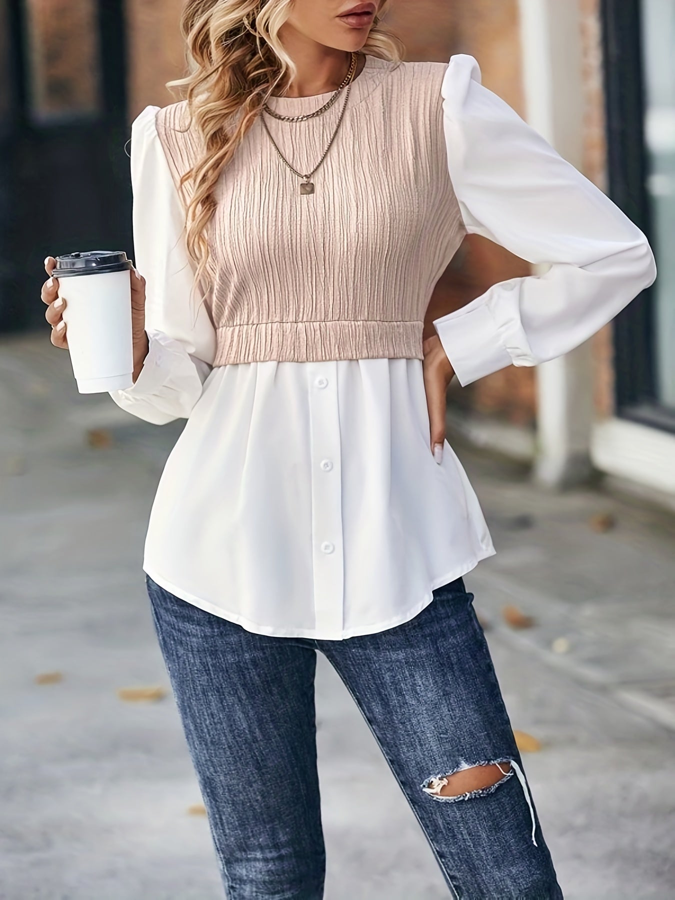 gbolsos Color Block Stitching Blouse, Elegant Crew Neck Long Sleeve Blouse, Women's Clothing
