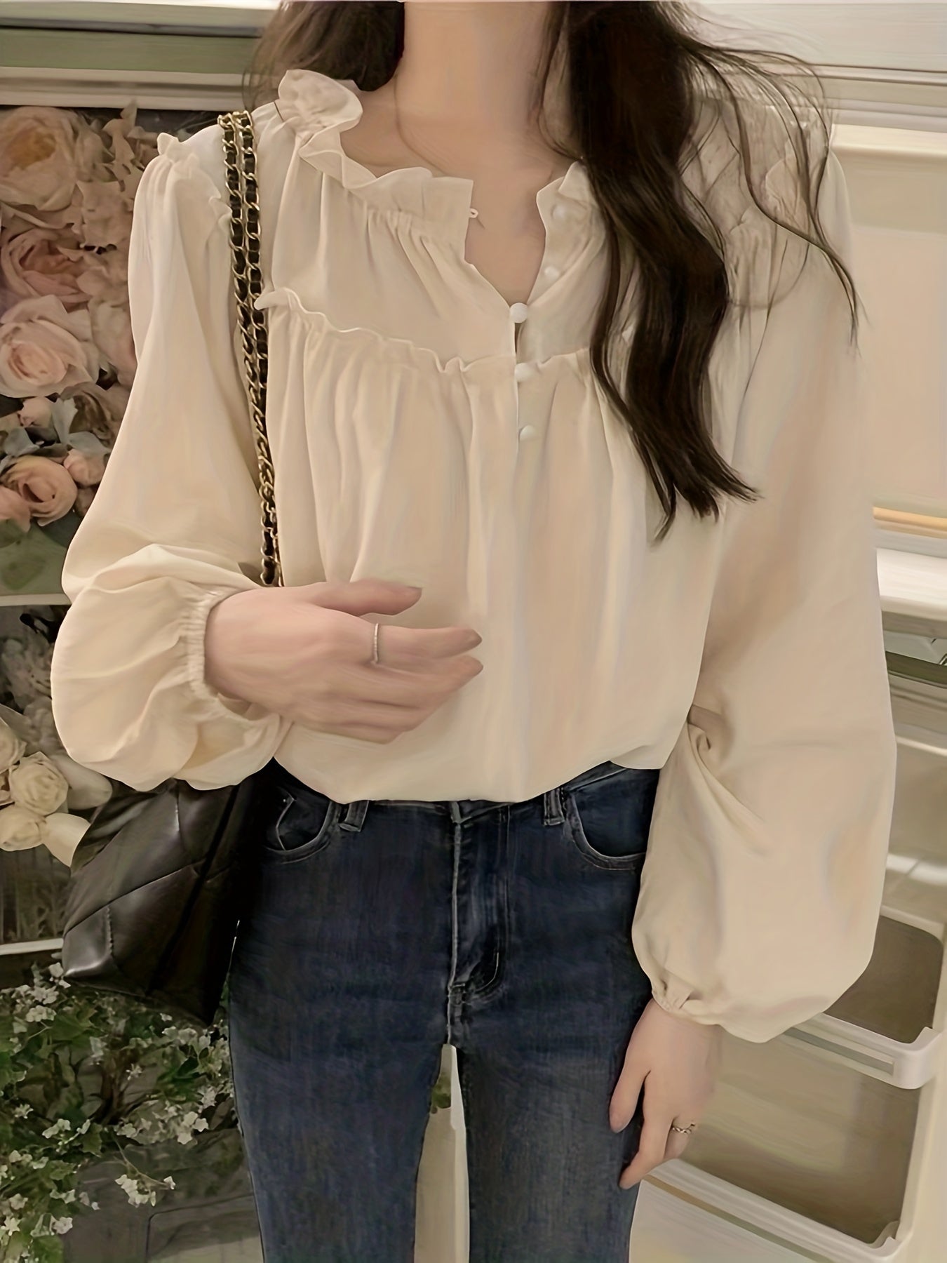 gbolsos Lettuce Trim Solid Blouse, Casual Crew Neck Long Sleeve Blouse, Women's Clothing