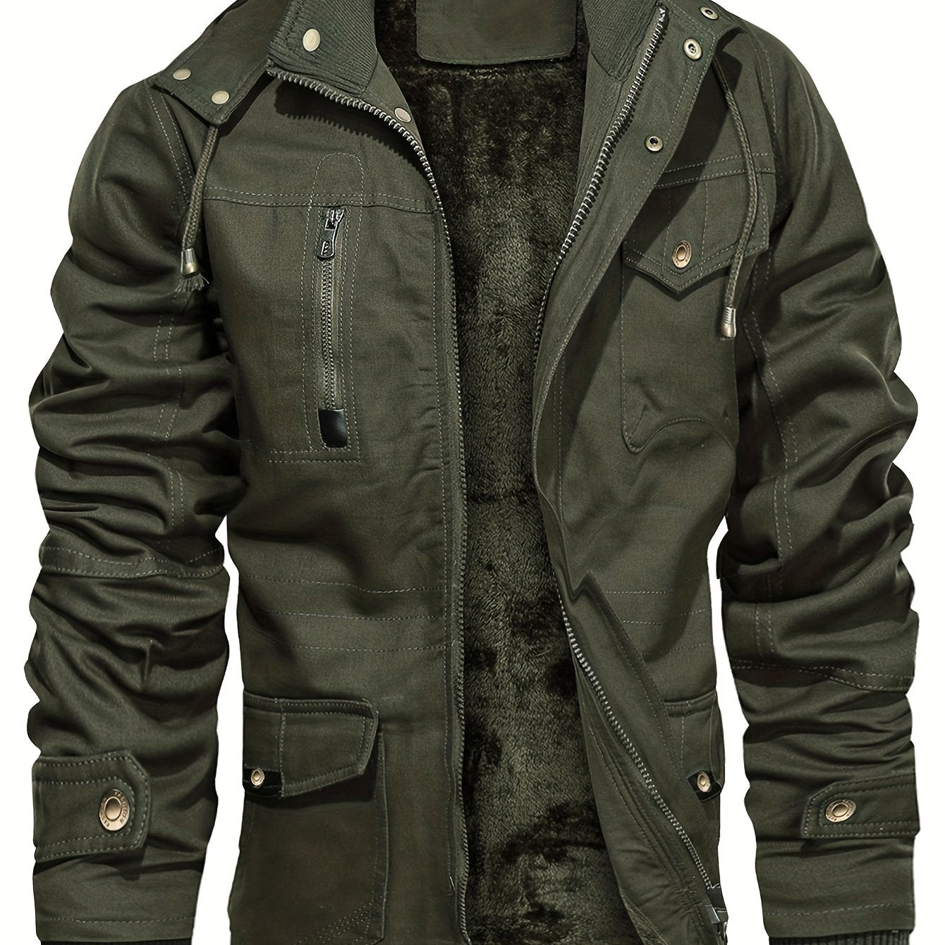 gbolsos Men's Winter Cargo Jackets Casual Thicken Multi-Pocket Outwear Fleece Lined Military Warm Coat Removable Hood