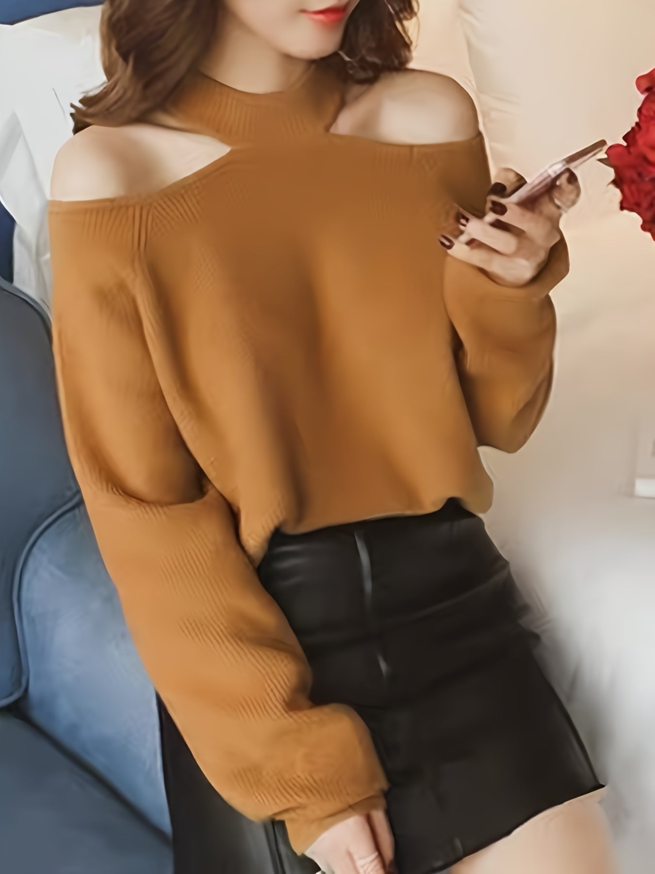 gbolsos Solid Mock Neck Pullover Sweater, Casual Cold Shoulder Long Sleeve Loose Sweater, Women's Clothing