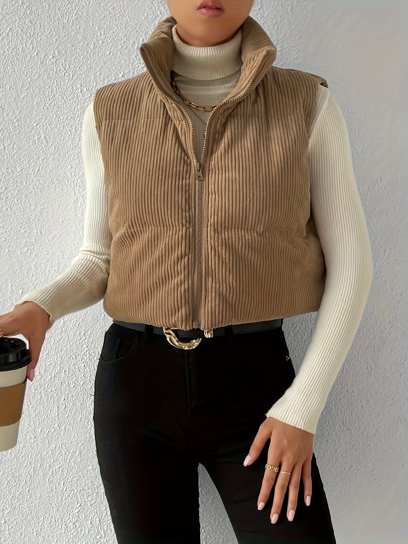 gbolsos Solid Color Zip-up Puffy Vest, Elegant Sleeveless Vest For Fall & Winter, Women's Clothing