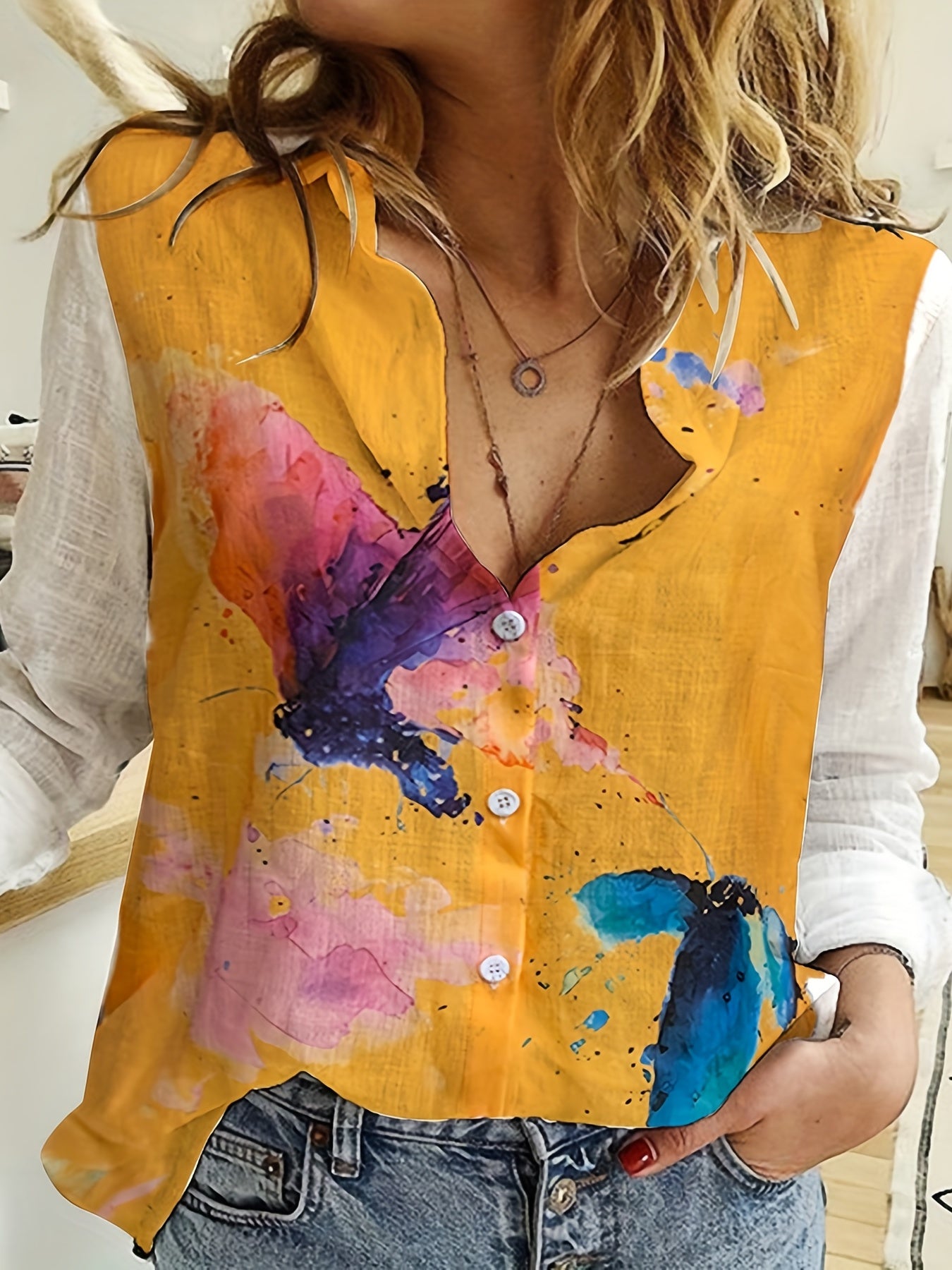 gbolsos Butterfly Print Button Front Shirt, Casual Long Sleeve Shirt For Spring & Fall, Women's Clothing
