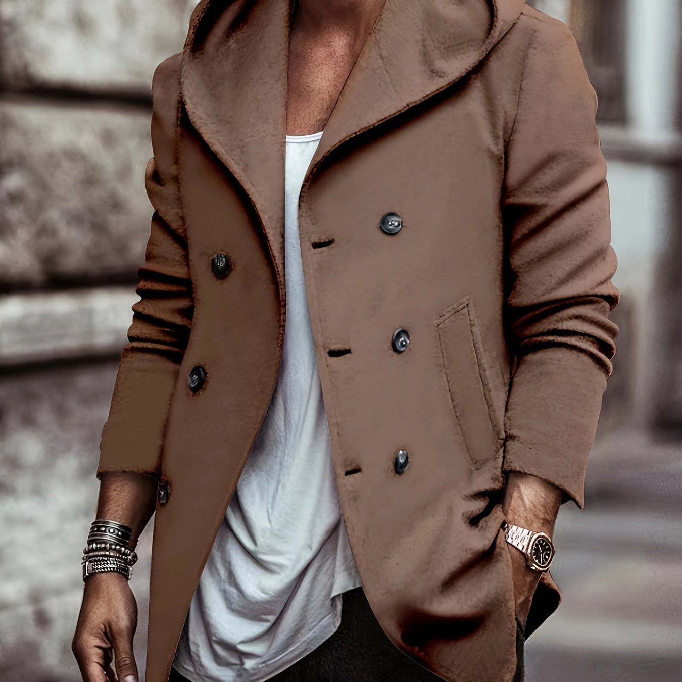 gbolsos Cotton Blend Men's Trendy Retro Hooded Long Sleeve Coat Windbreaker Stylish Long Overcoat For Autumn Winter