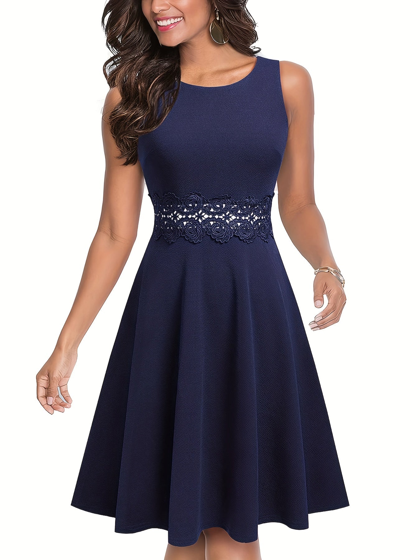 gbolsos Lace Stitching Solid Dress, Elegant Sleeveless Crew Neck Pleated Tank Dress, Women's Clothing