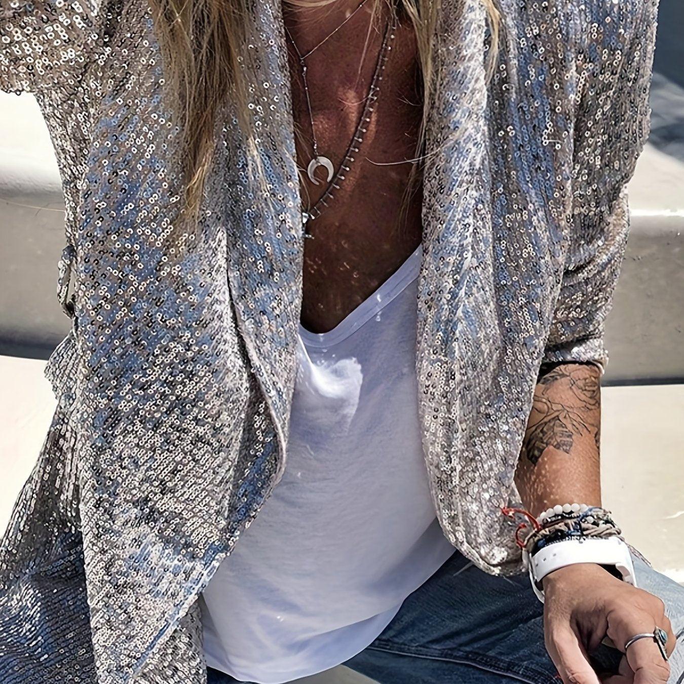 gbolsos Glitter Sequin Decor Open Front Blazer, Casual Lapel Long Sleeve Blazer, Women's Clothing