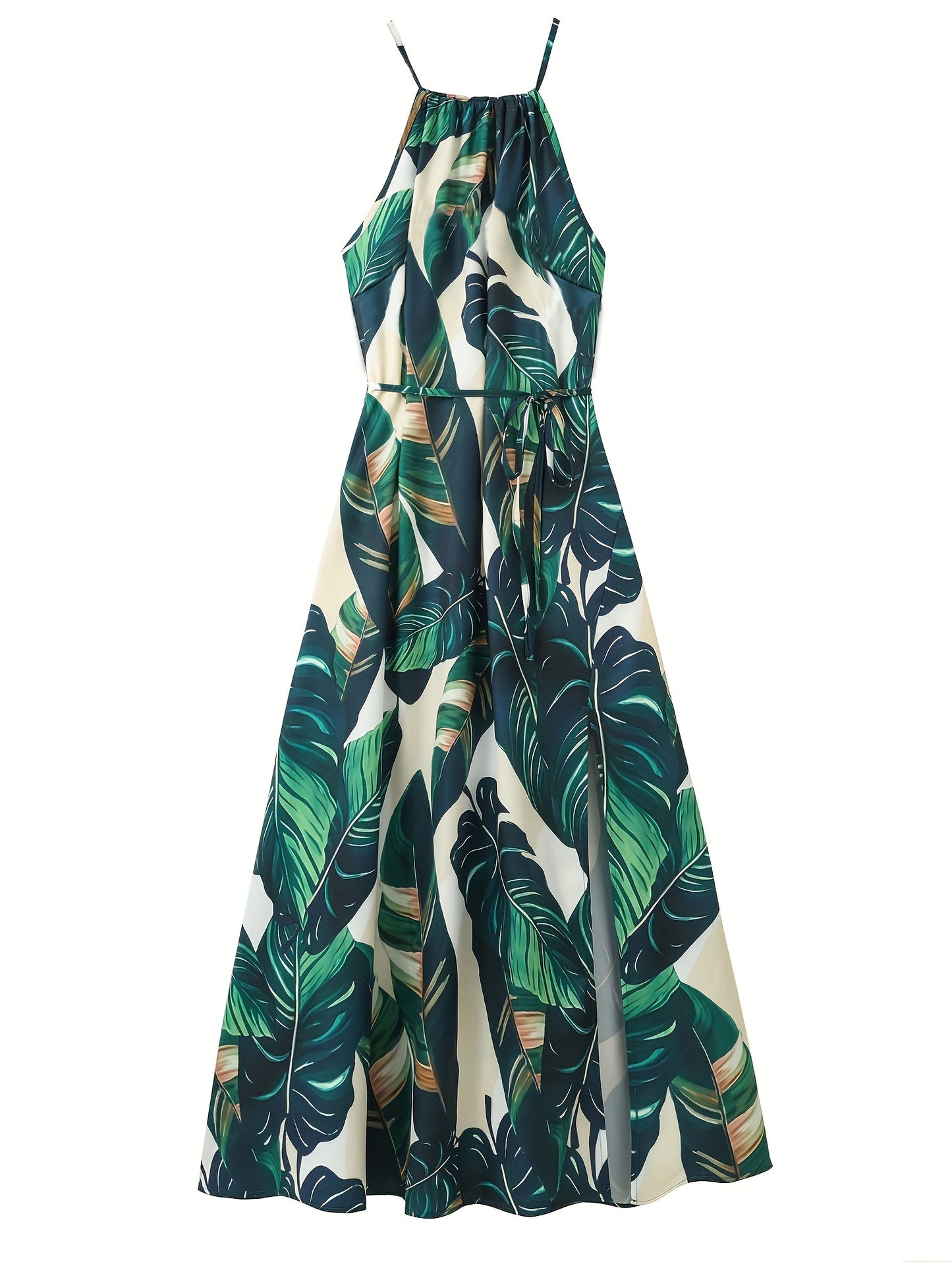 gbolsos Tropical Print Split Thigh Dress, Boho High Waist Crew Neck Sleeveless Summer Dress, Women's Clothing