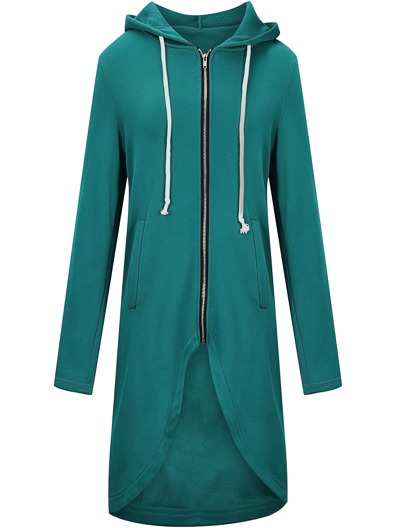 Plus Size Casual Coat, Women's Plus Solid Zip Up Long Sleeve Asymmetrical Hem Drawstring Hooded Coat