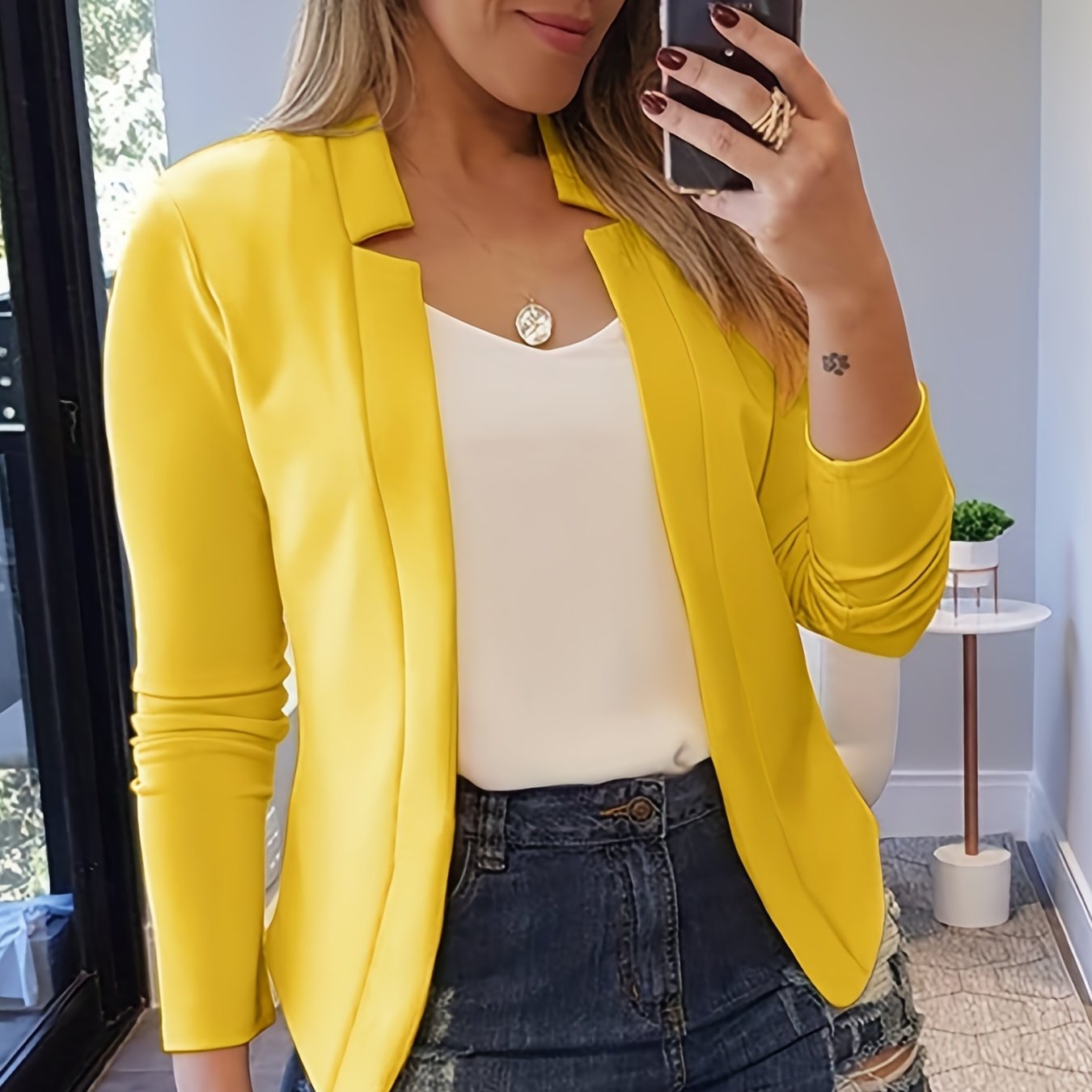 gbolsos Solid Split Open Front Blazer, Elegant Long Sleeve Blazer, Elegant & Stylish Tops For Office & Work, Women's Clothing