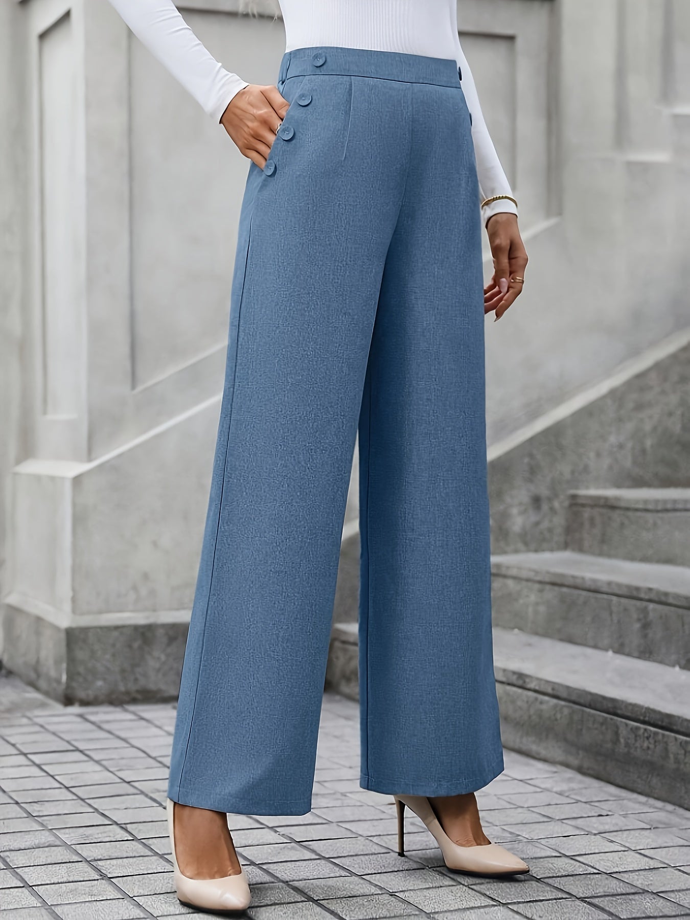 gbolsos Solid Button Decor Wide Leg Pants, Elegant High Waist Slant Pocket Pants, Women's Clothing