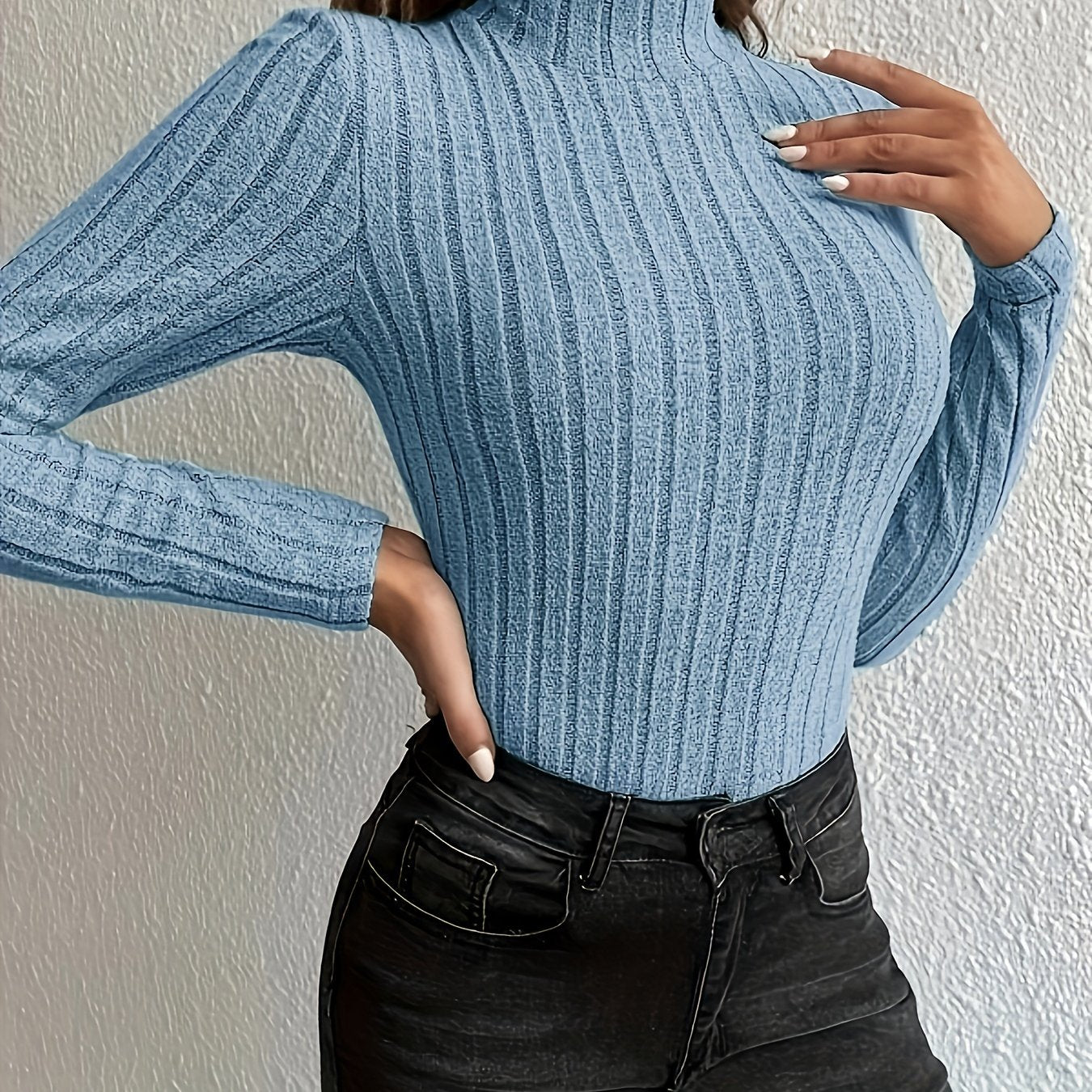 gbolsos Solid Turtleneck Knit Top, Elegant Slim Long Sleeve Sweater For Spring & Fall, Women's Clothing