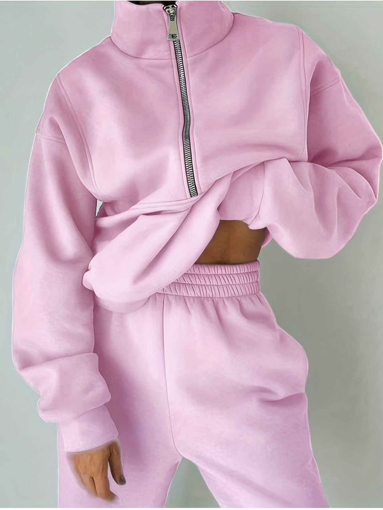 Casual Matching Two-piece Set, Zip Up Sweatshirt & Solid Sweatpants Outfits, Women's Clothing