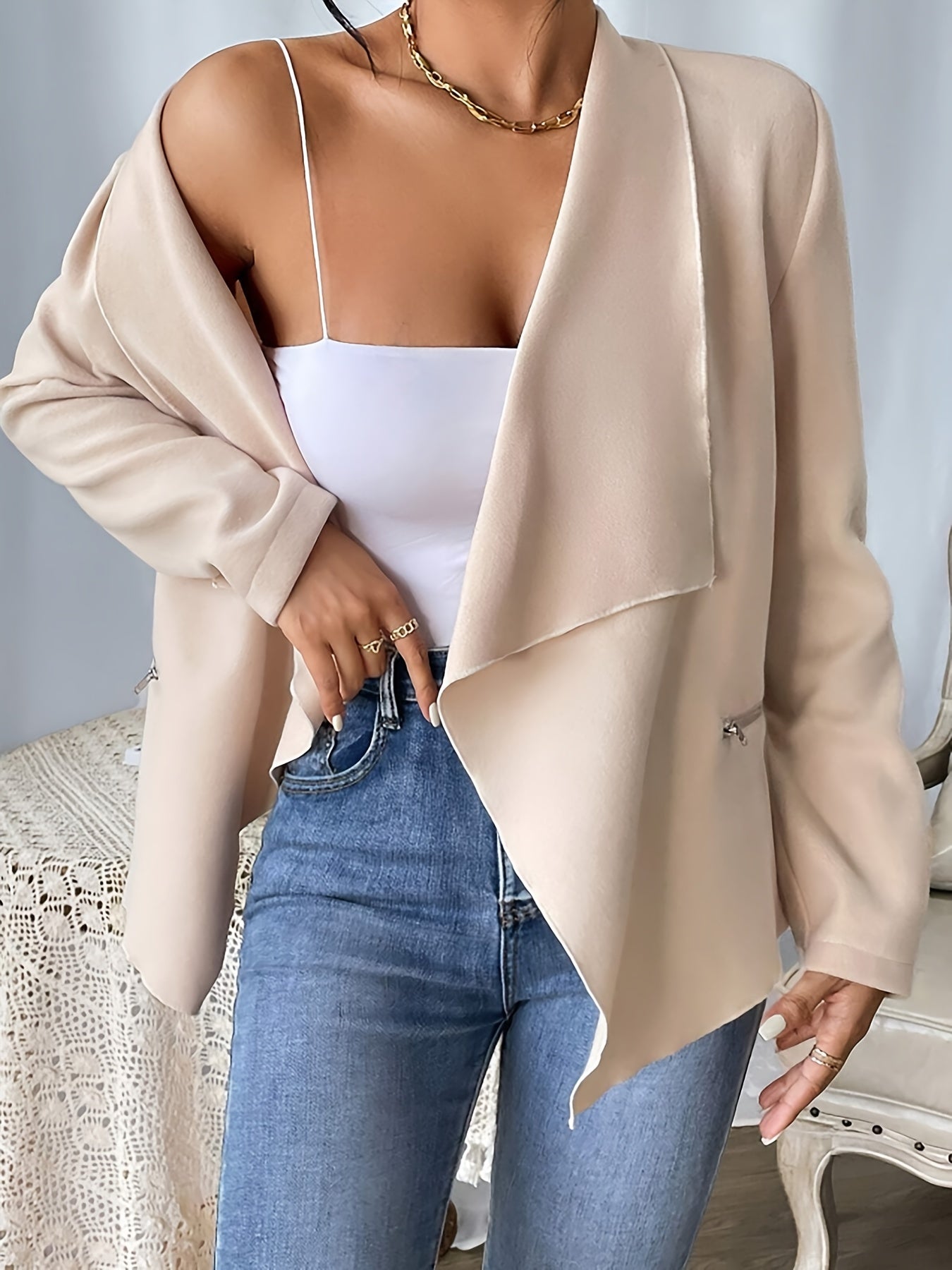 gbolsos Waterfall Collar Solid Jacket, Elegant Solid Long Sleeve Outerwear, Women's Clothing