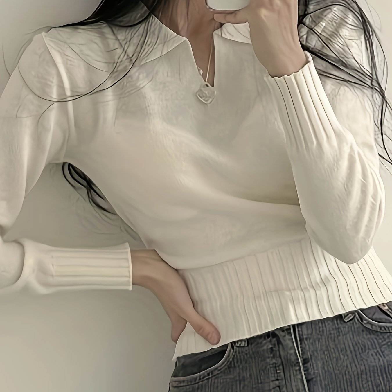 gbolsos Solid Notched Collar Pullover Sweater, Casual Long Sleeve Crop Sweater For Spring & Fall, Women's Clothing