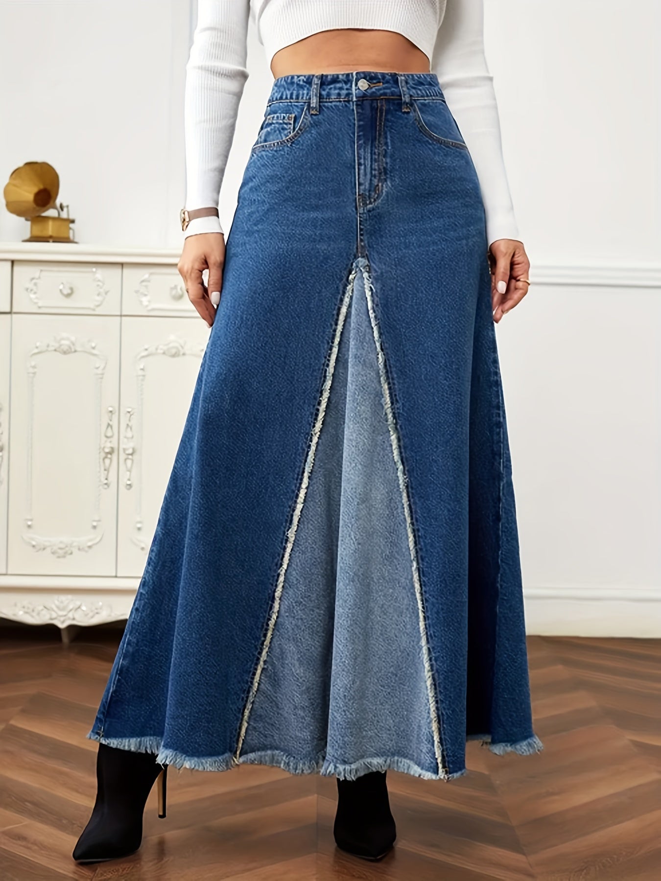 gbolsos Two Tone Patchwork Denim Midi Skirt, Frayed Hem Slant Pockets Chic Denim Skirt, Women's Denim Clothing