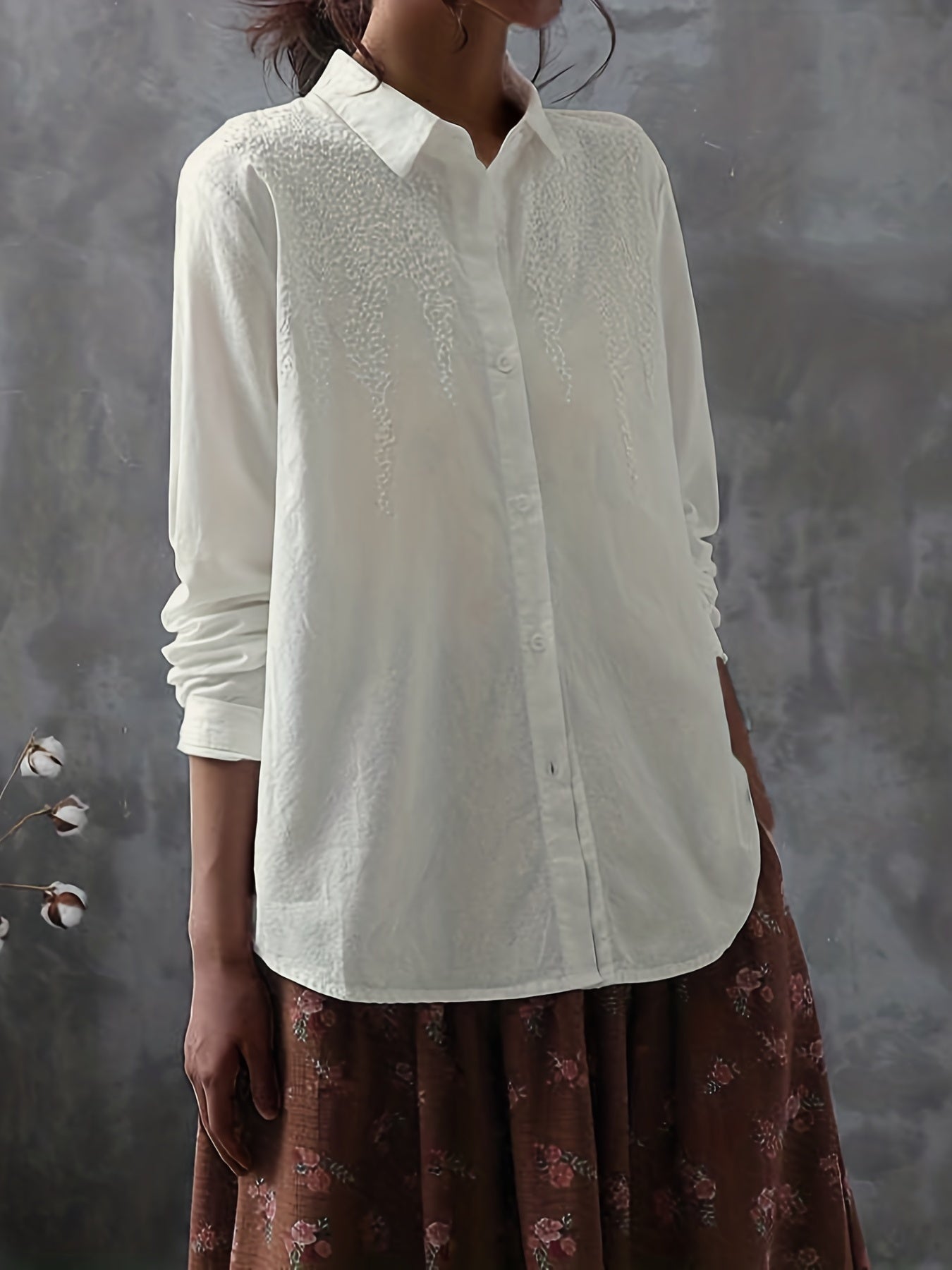 gbolsos Embroidered Solid Shirt, Casual Button Front Long Sleeve Collared Shirt, Women's Clothing