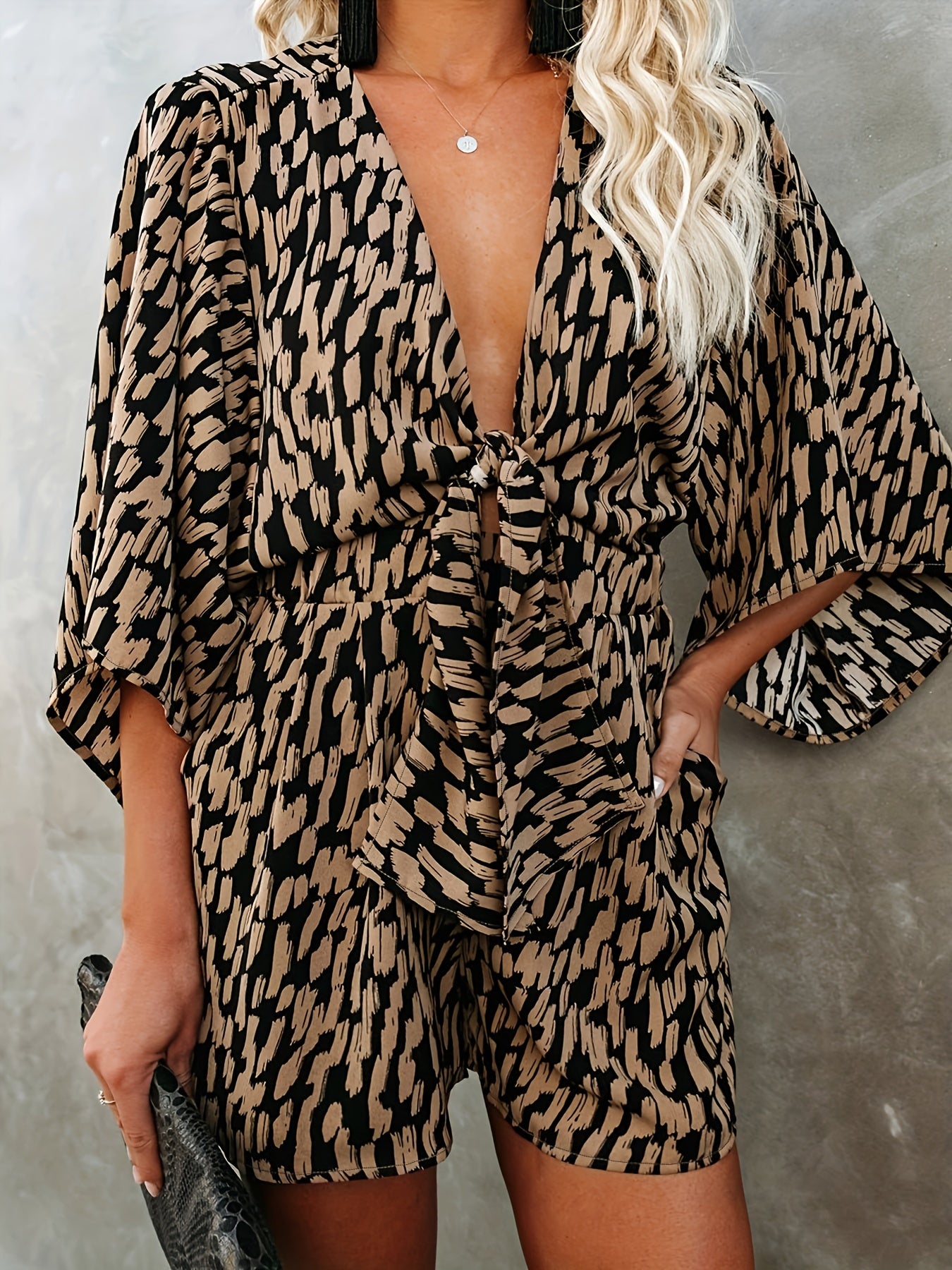 gbolsos Plus Size Casual Romper, Women's Plus Polka Dot Striped Knot Front Deep V Neck Ribbed Half Sleeve Romper With Pockets