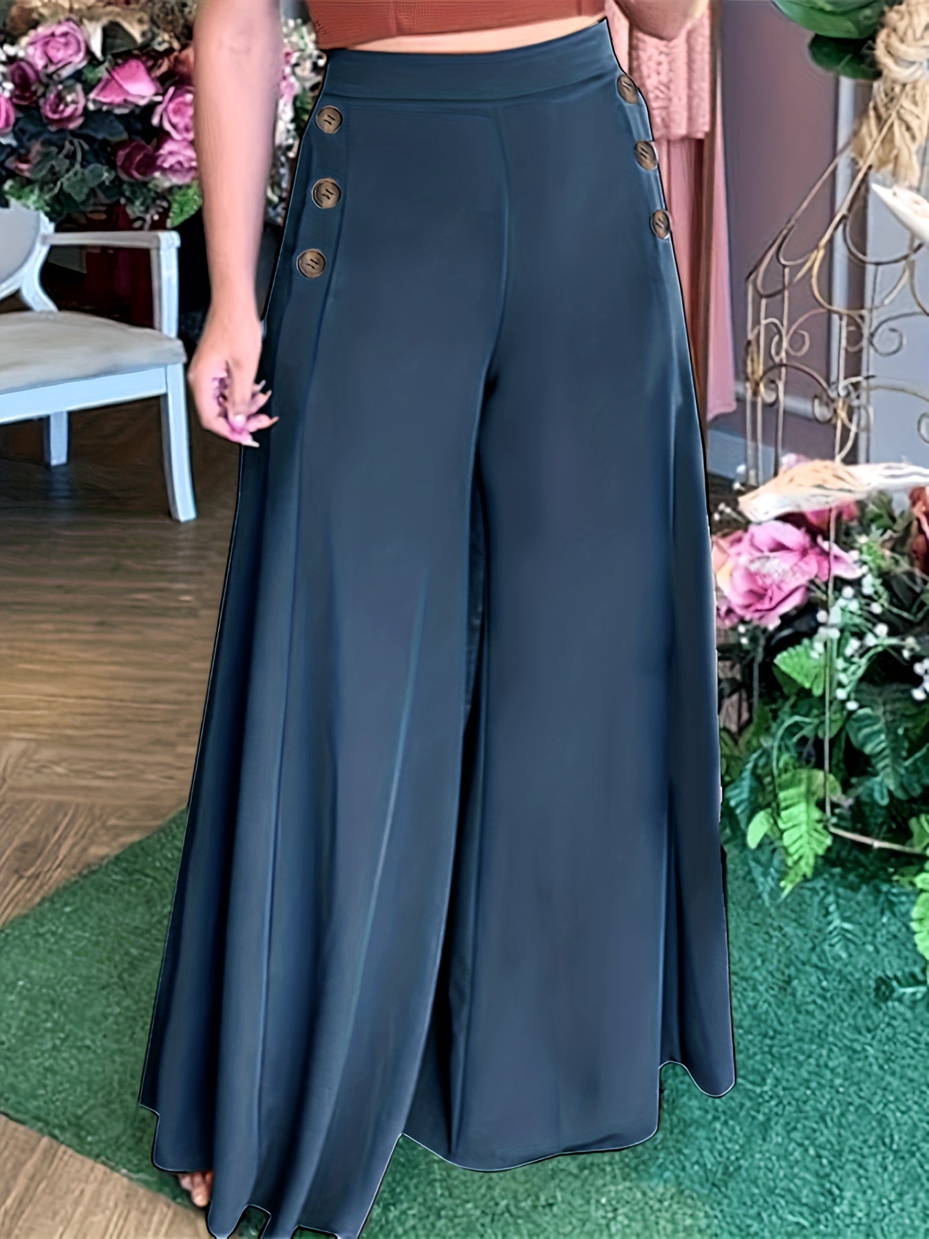 Plus Size Casual Pants, Women's Plus Solid Elastic Button Decor High Rise Loose Fit Wide Leg Trousers